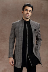 Black & White Silk Indowestern With Resham Embroidery