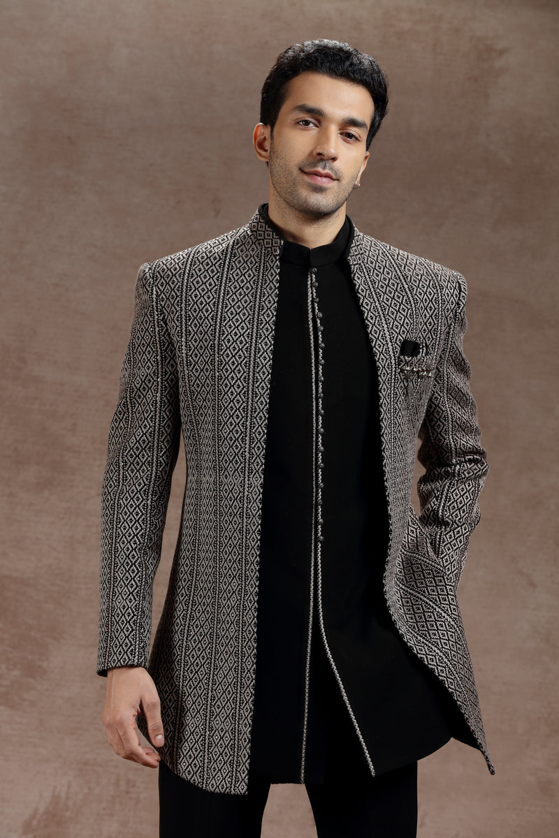 Black & White Silk Indowestern With Resham Embroidery