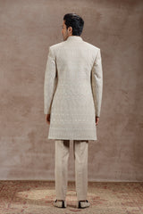 Beige Silk Indowestern Set With Ivory Thread Work