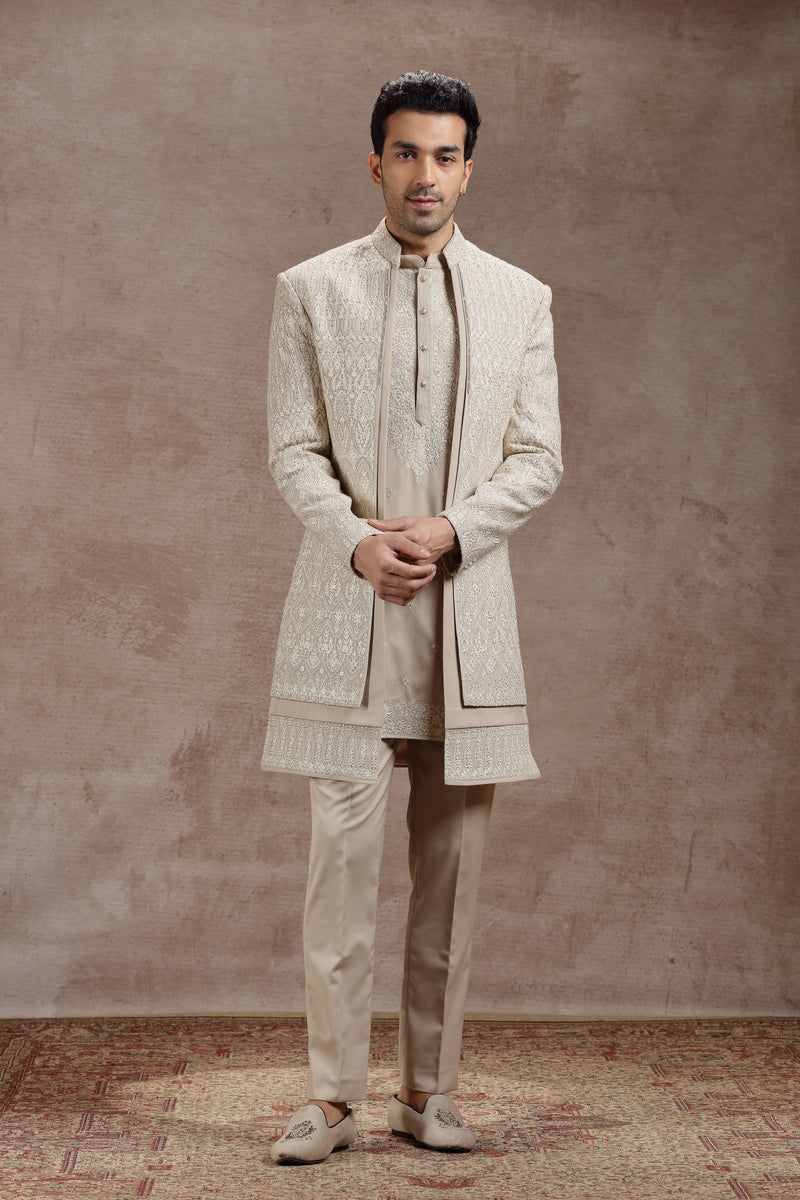 Beige Silk Indowestern Set With Ivory Thread Work