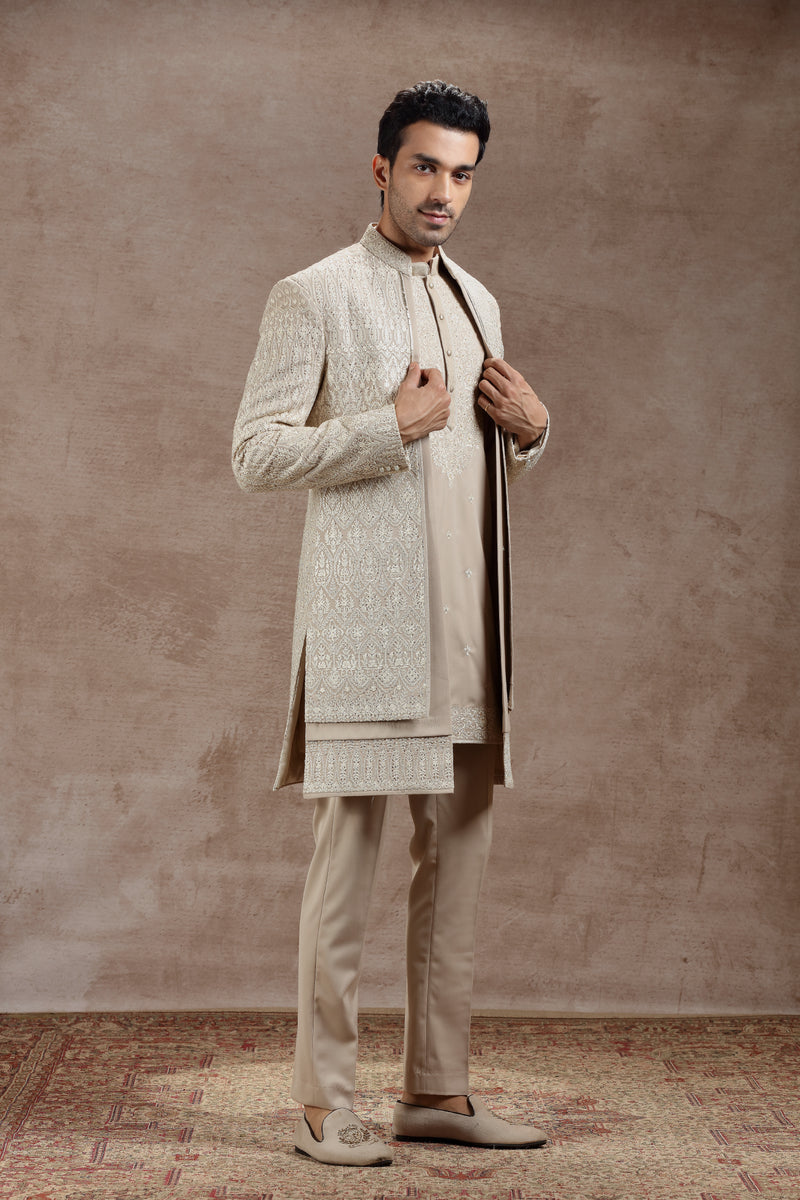 Beige Silk Indowestern Set With Ivory Thread Work