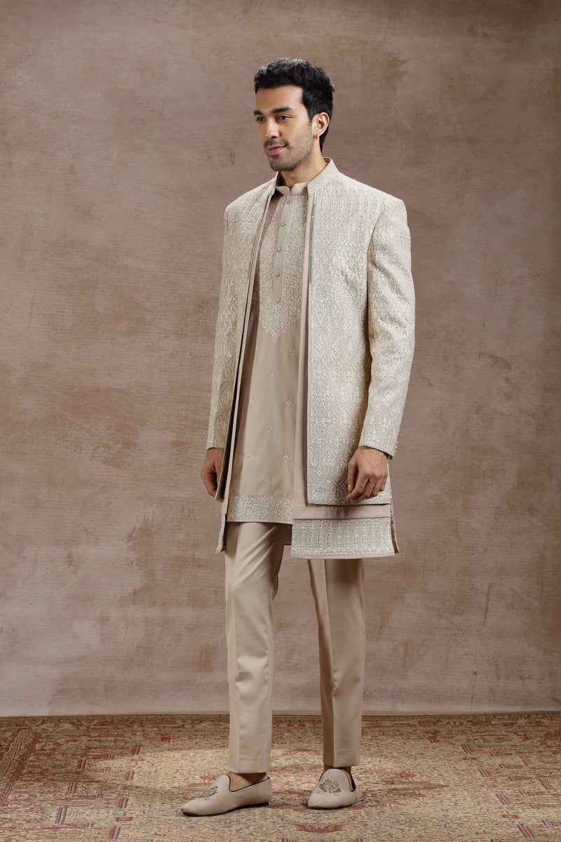 Beige Silk Indowestern Set With Ivory Thread Work