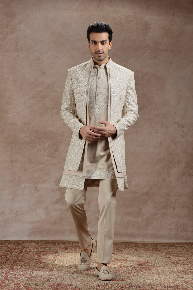 Beige Silk Indowestern Set With Ivory Thread Work