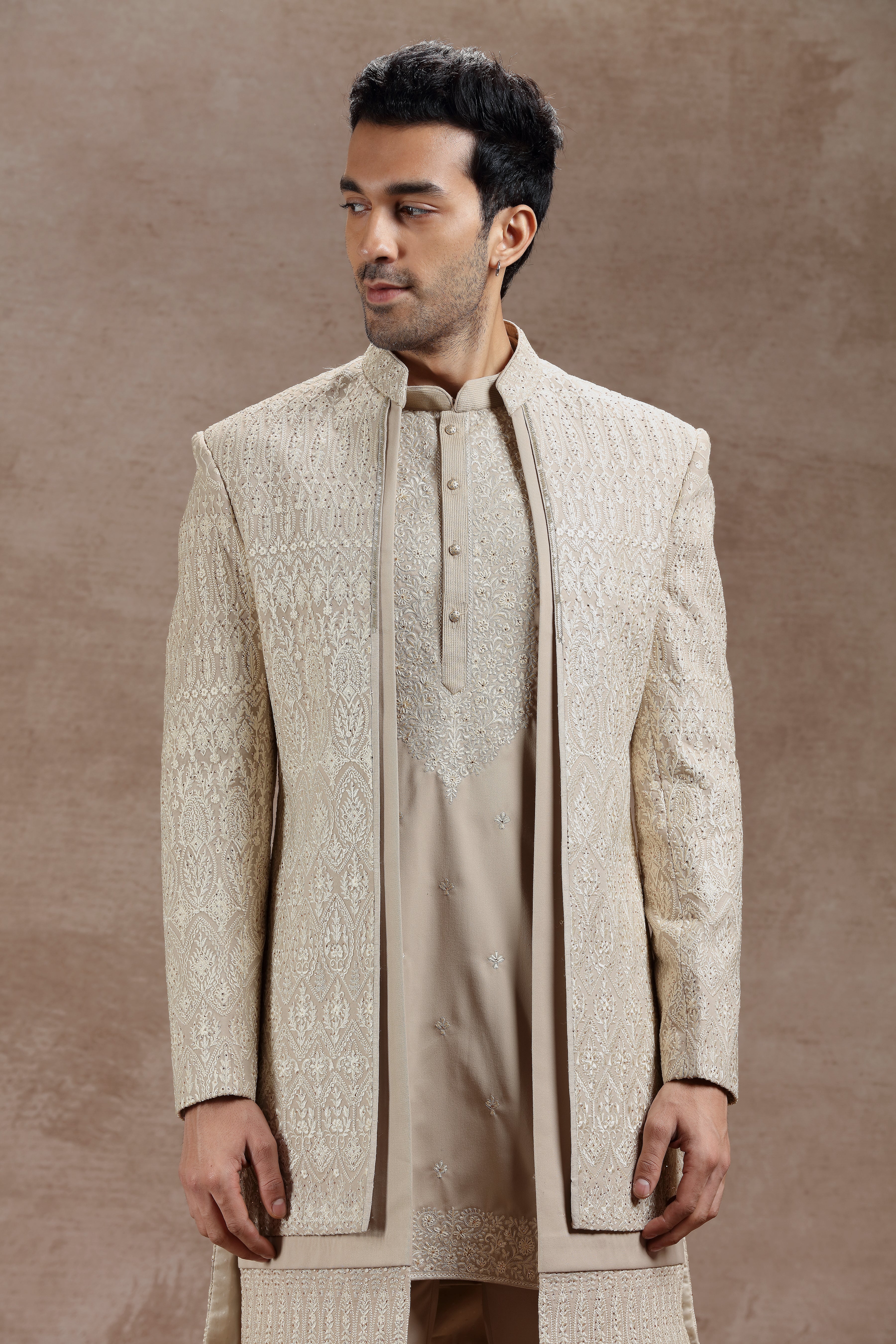 Beige Silk Indowestern Set With Ivory Thread Work - Shreeman