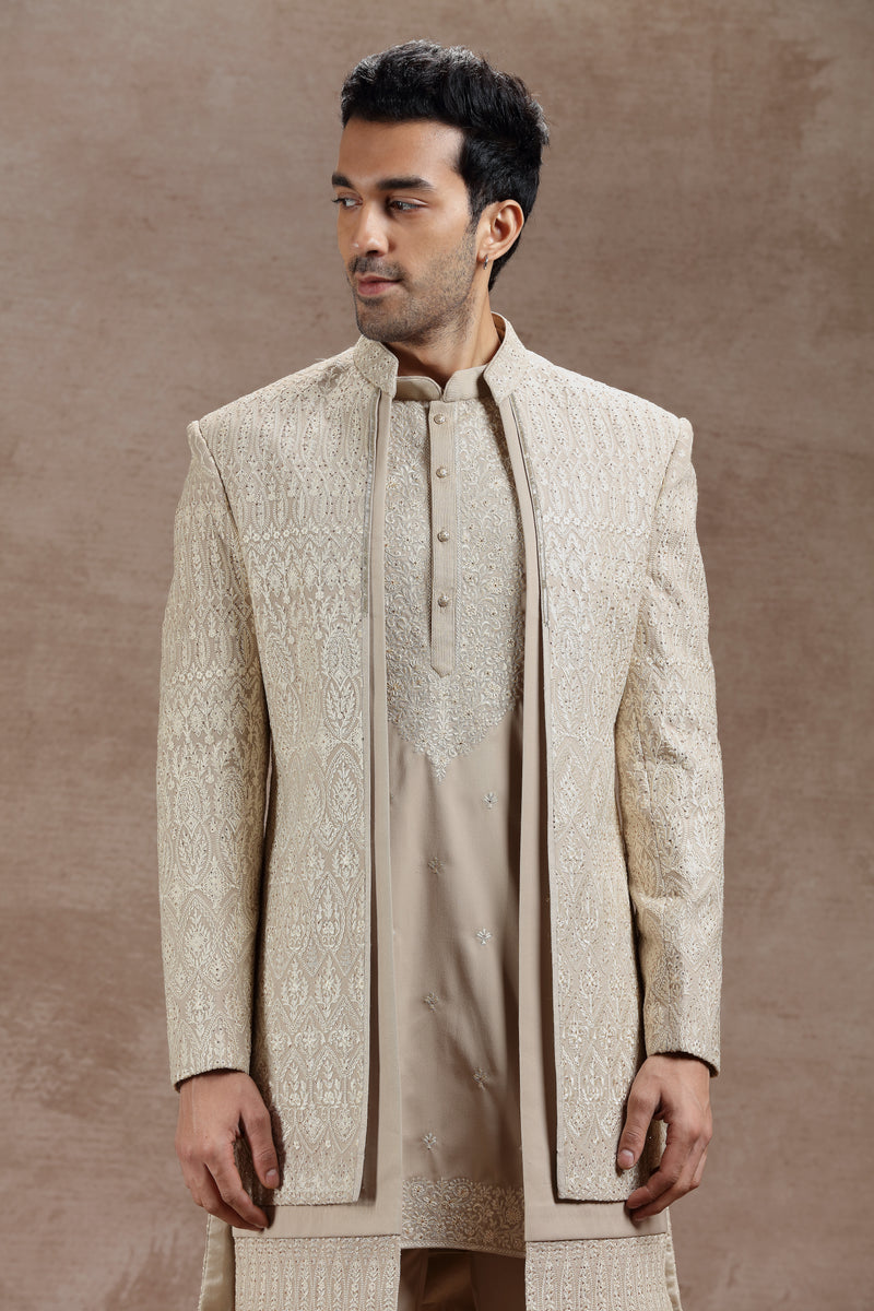 Beige Silk Indowestern Set With Ivory Thread Work