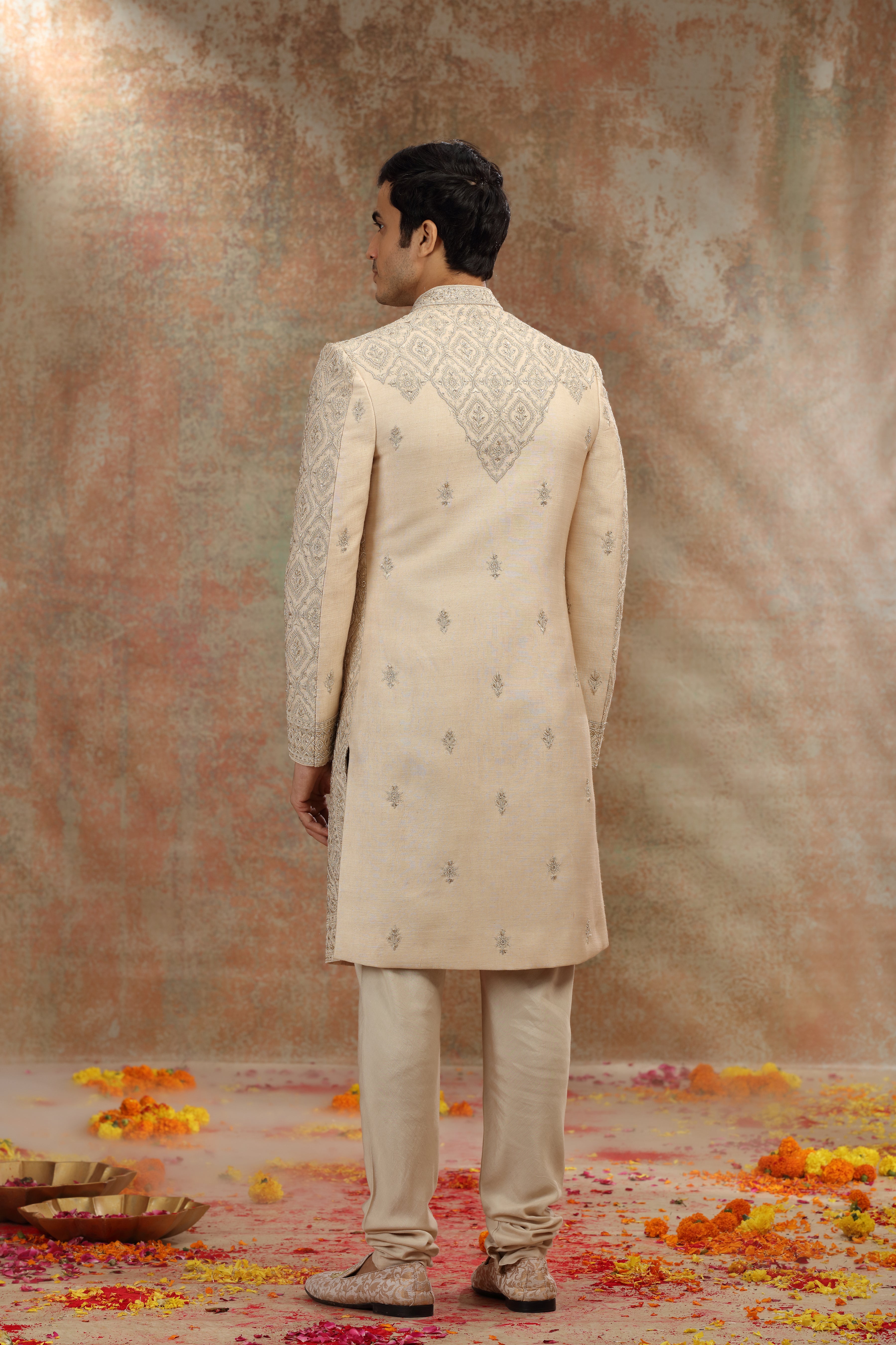 Gold Beige Silk Sherwani with Dori Zardosi Work