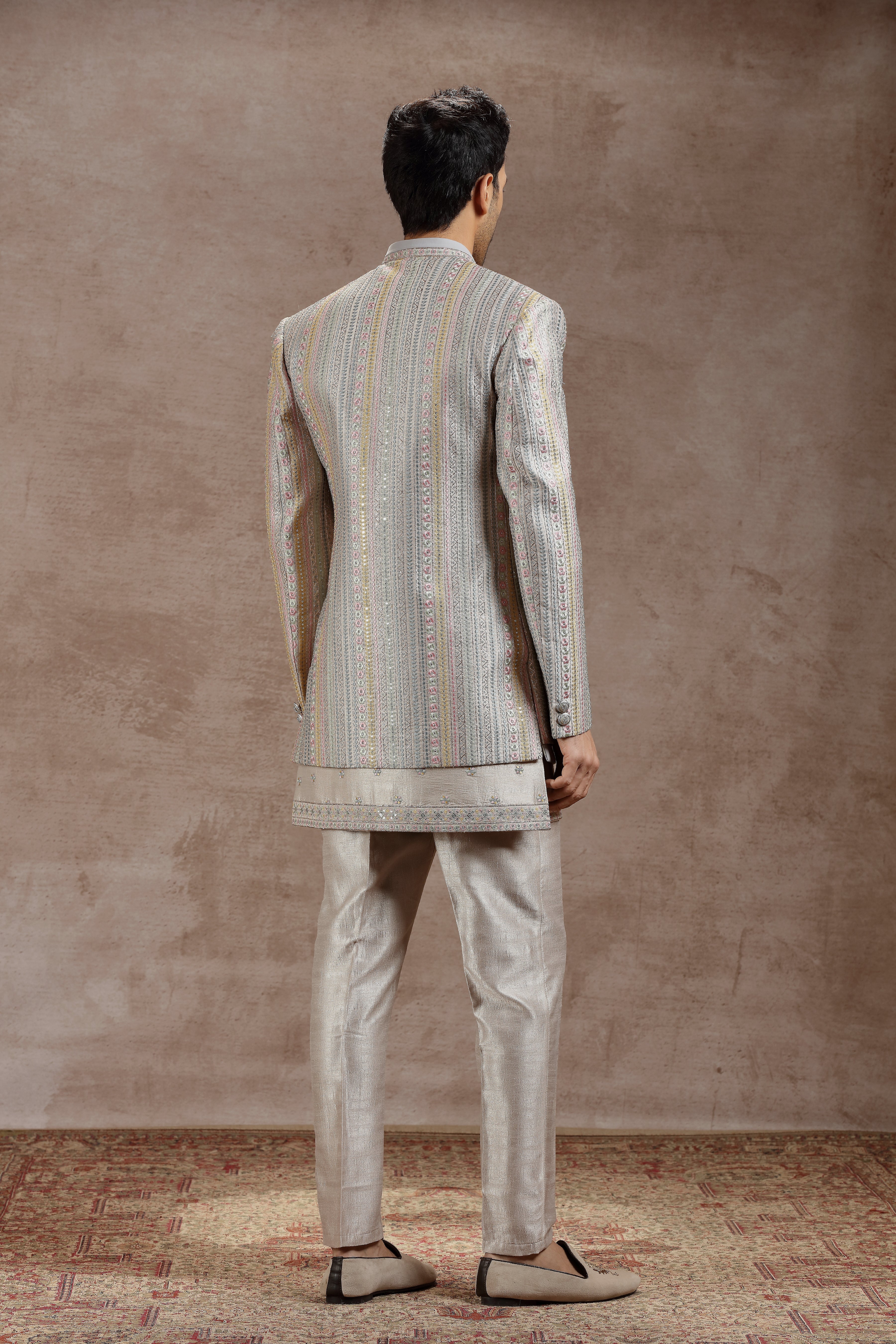 Silver Silk Indowestern With Multicolor Embroidery - Shreeman