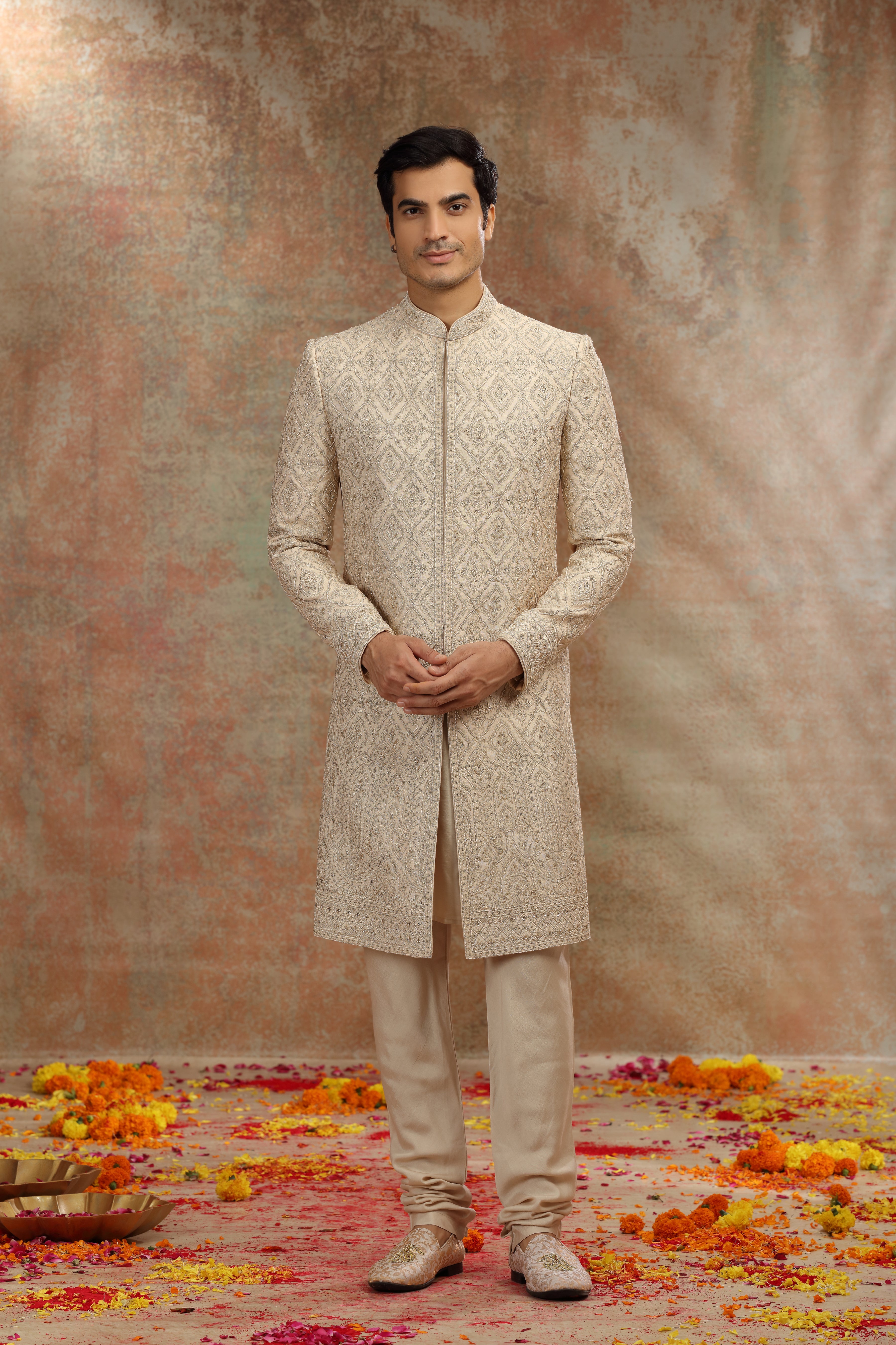 Gold Beige Silk Sherwani with Dori Zardosi Work