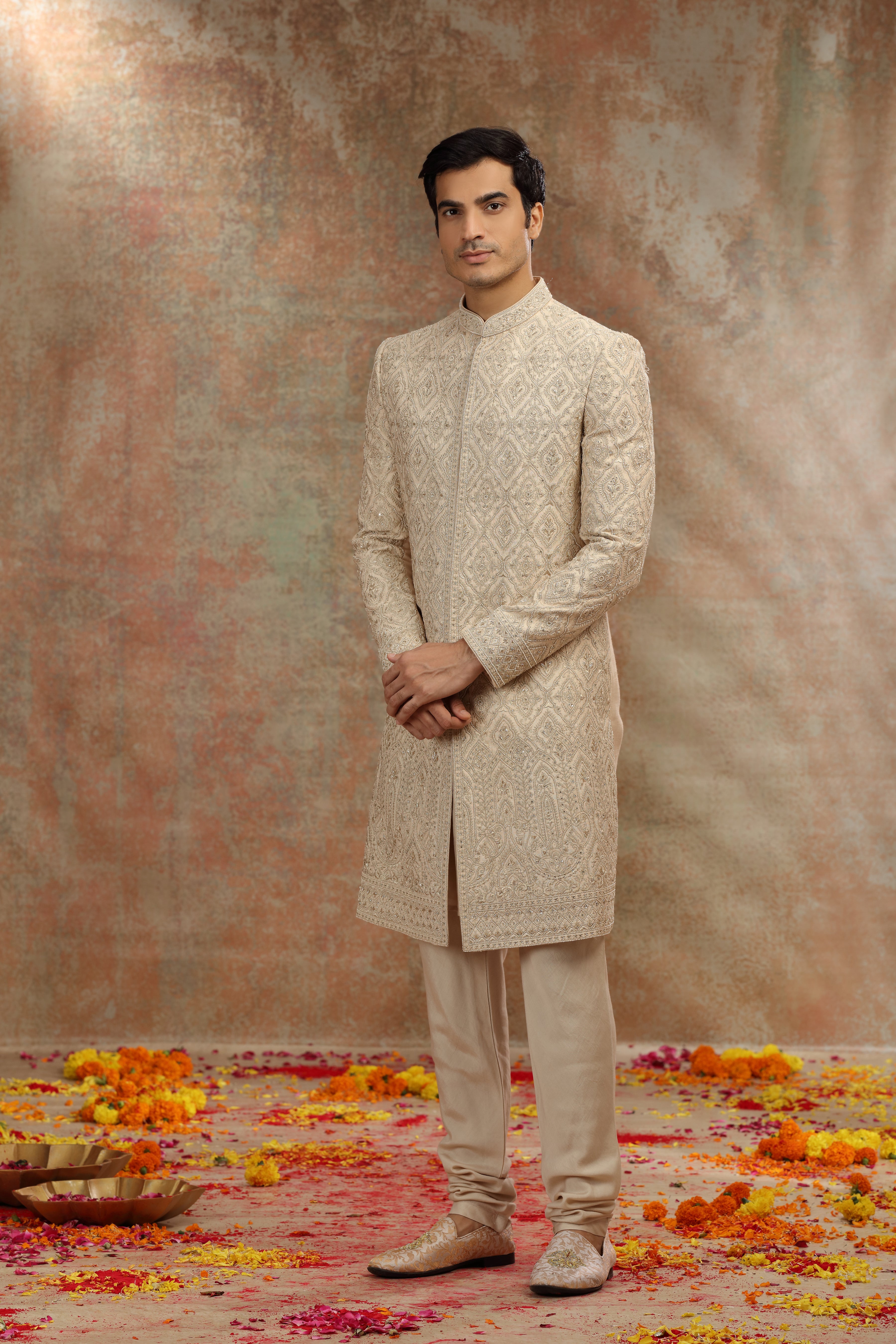 Gold Beige Silk Sherwani with Dori Zardosi Work