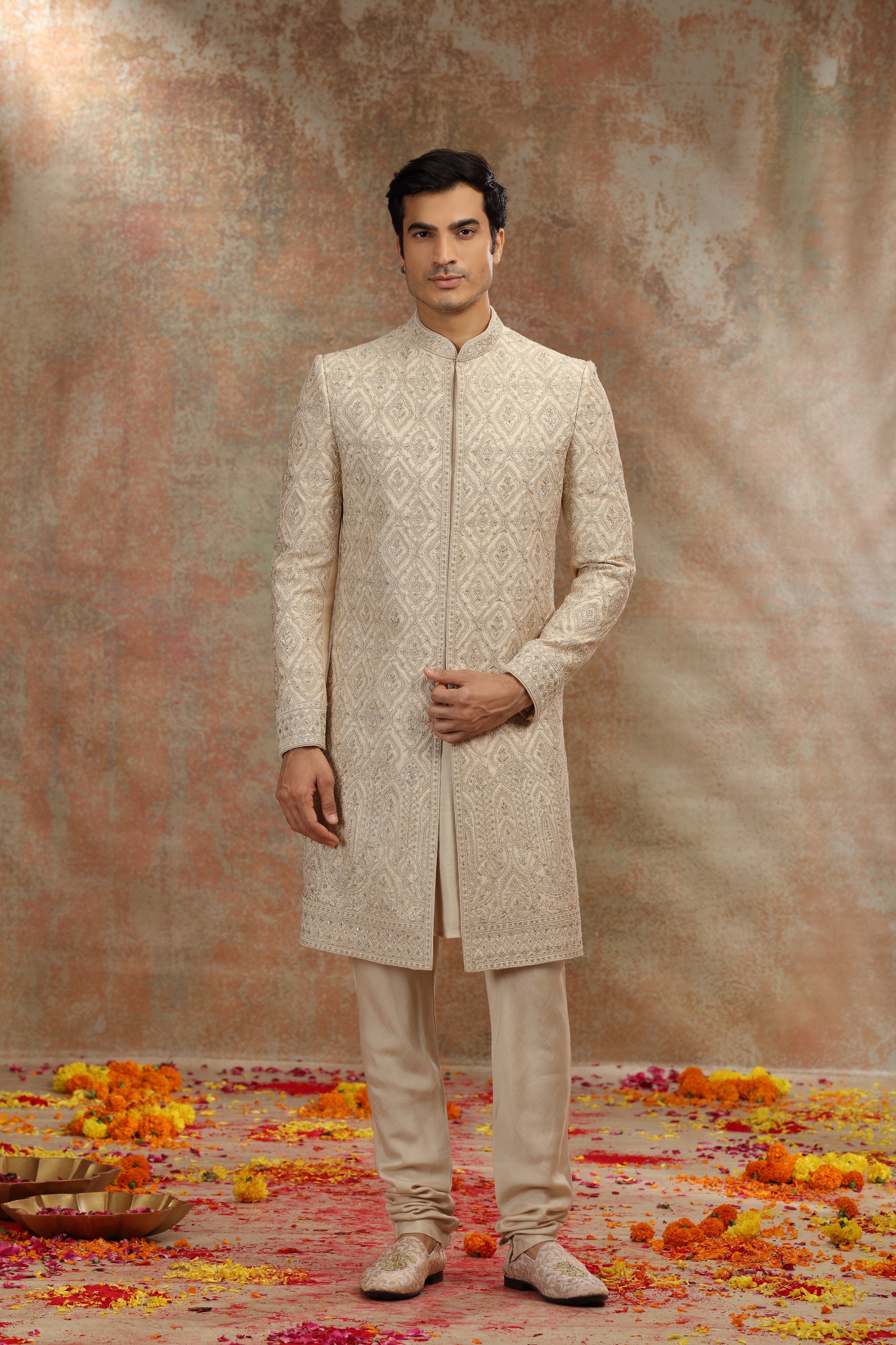 Gold Beige Silk Sherwani with Dori Zardosi Work