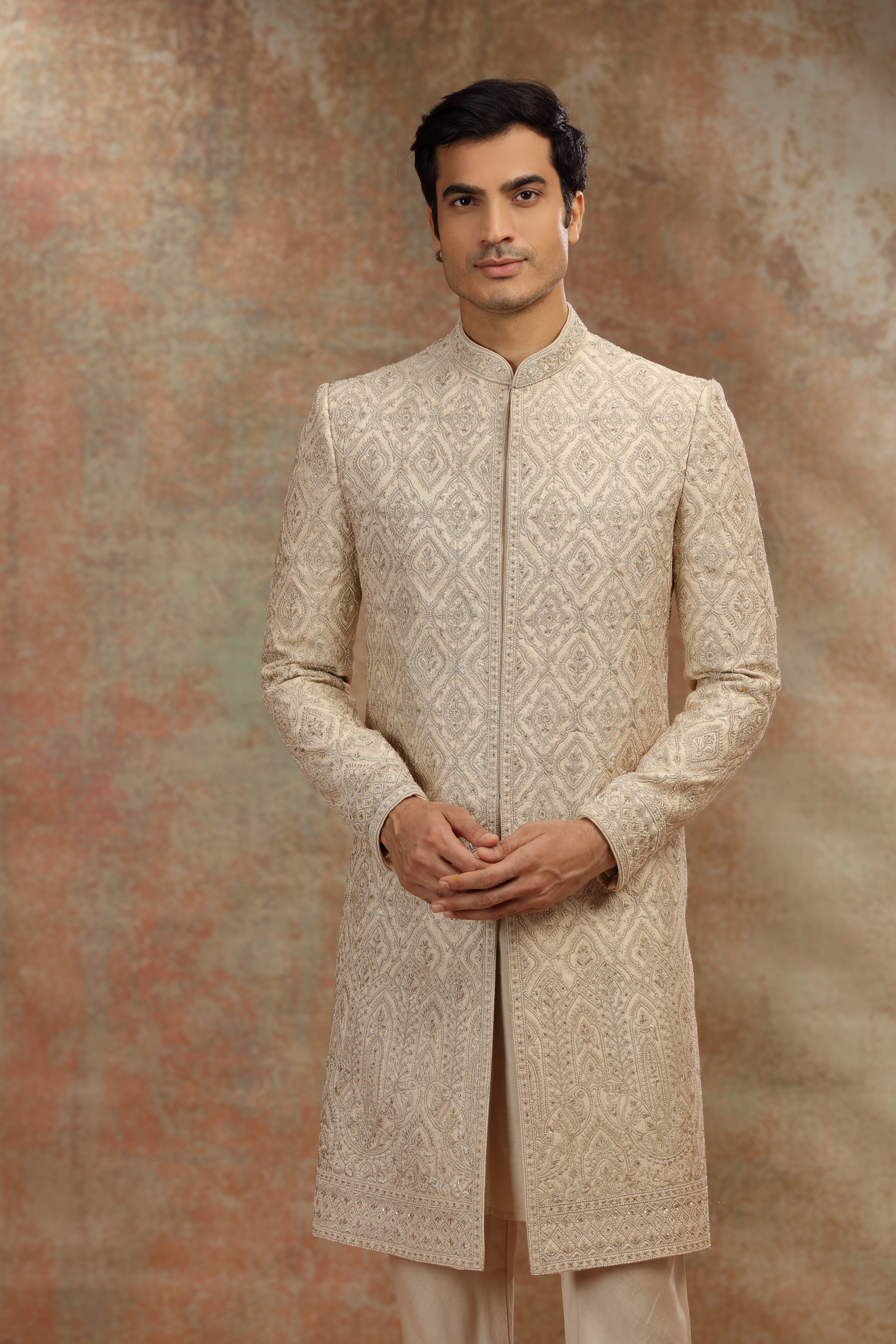 Gold Beige Silk Sherwani with Dori Zardosi Work