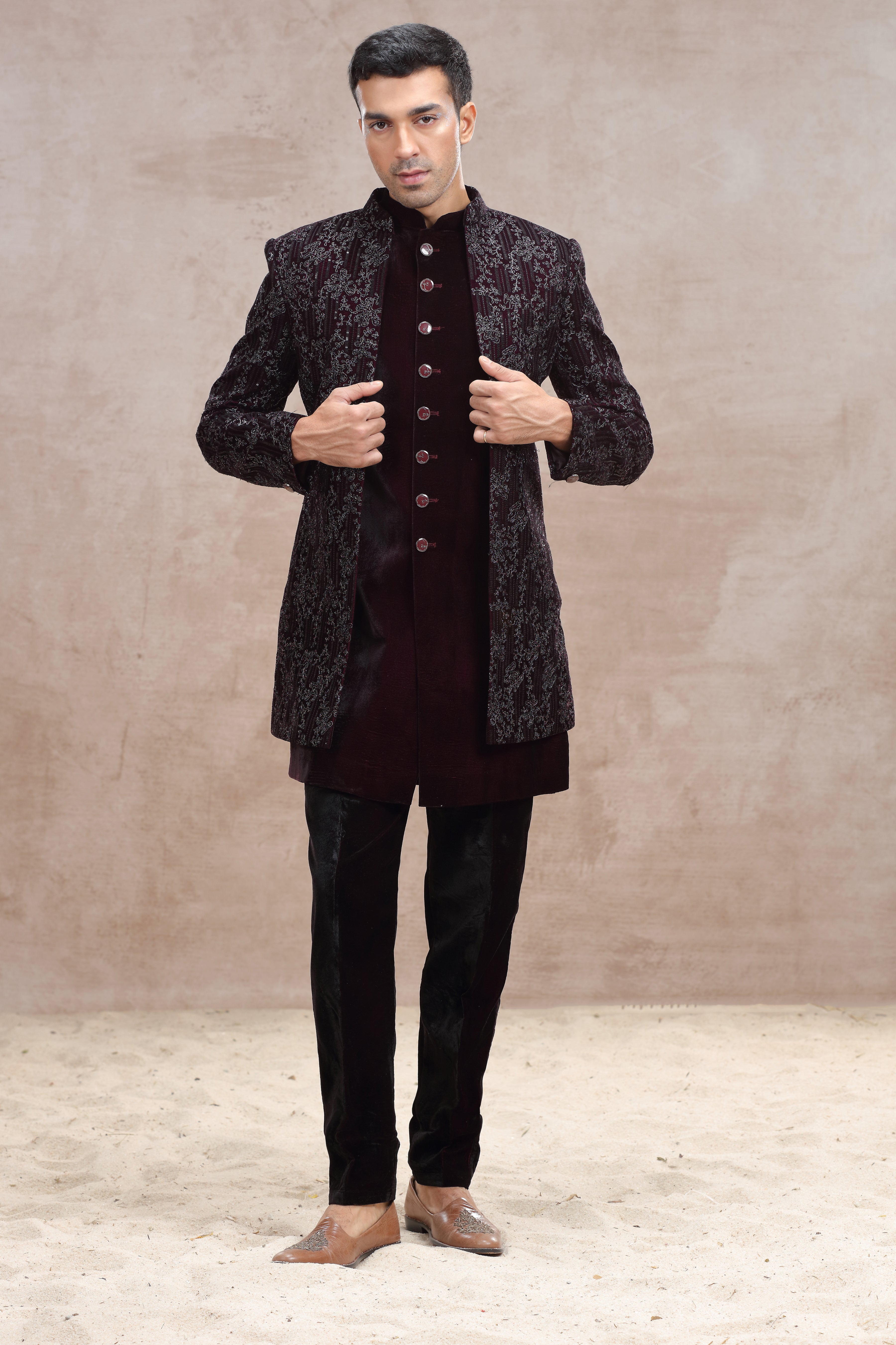 Maroon Velvet Indo Western with Metallic Wirework