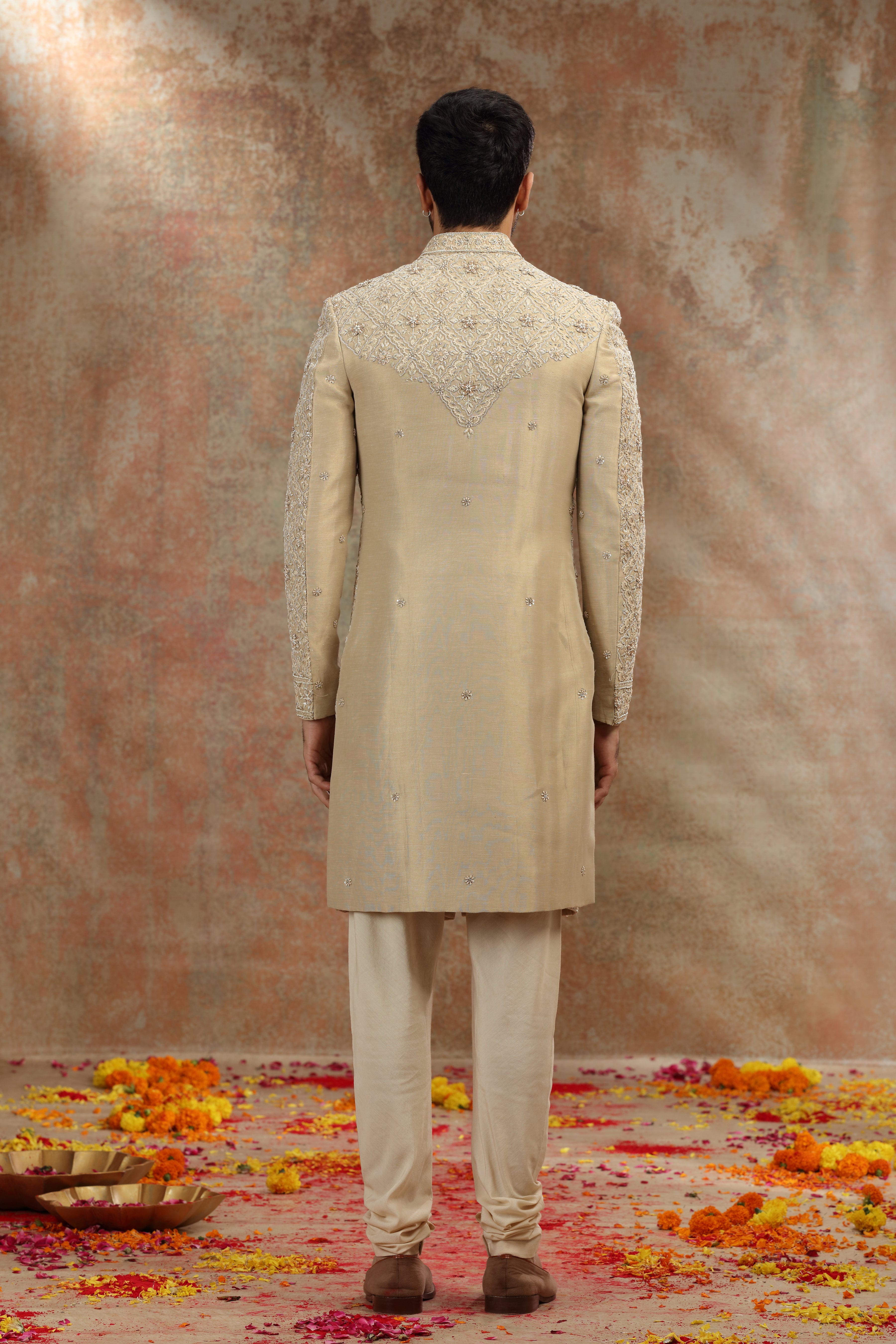 Golden Silk Tissue Sherwani with Zardosi Work