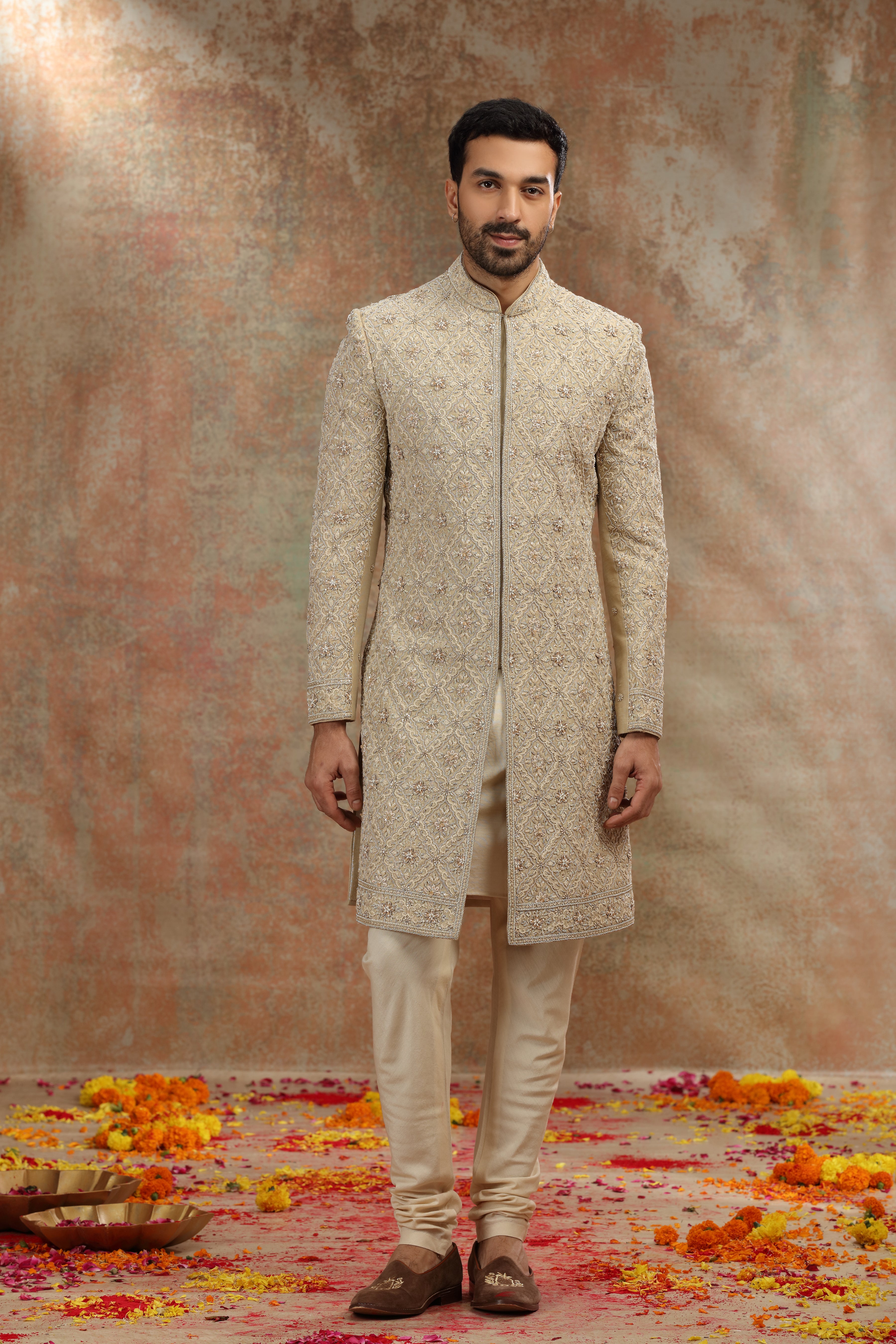 Golden Silk Tissue Sherwani with Zardosi Work