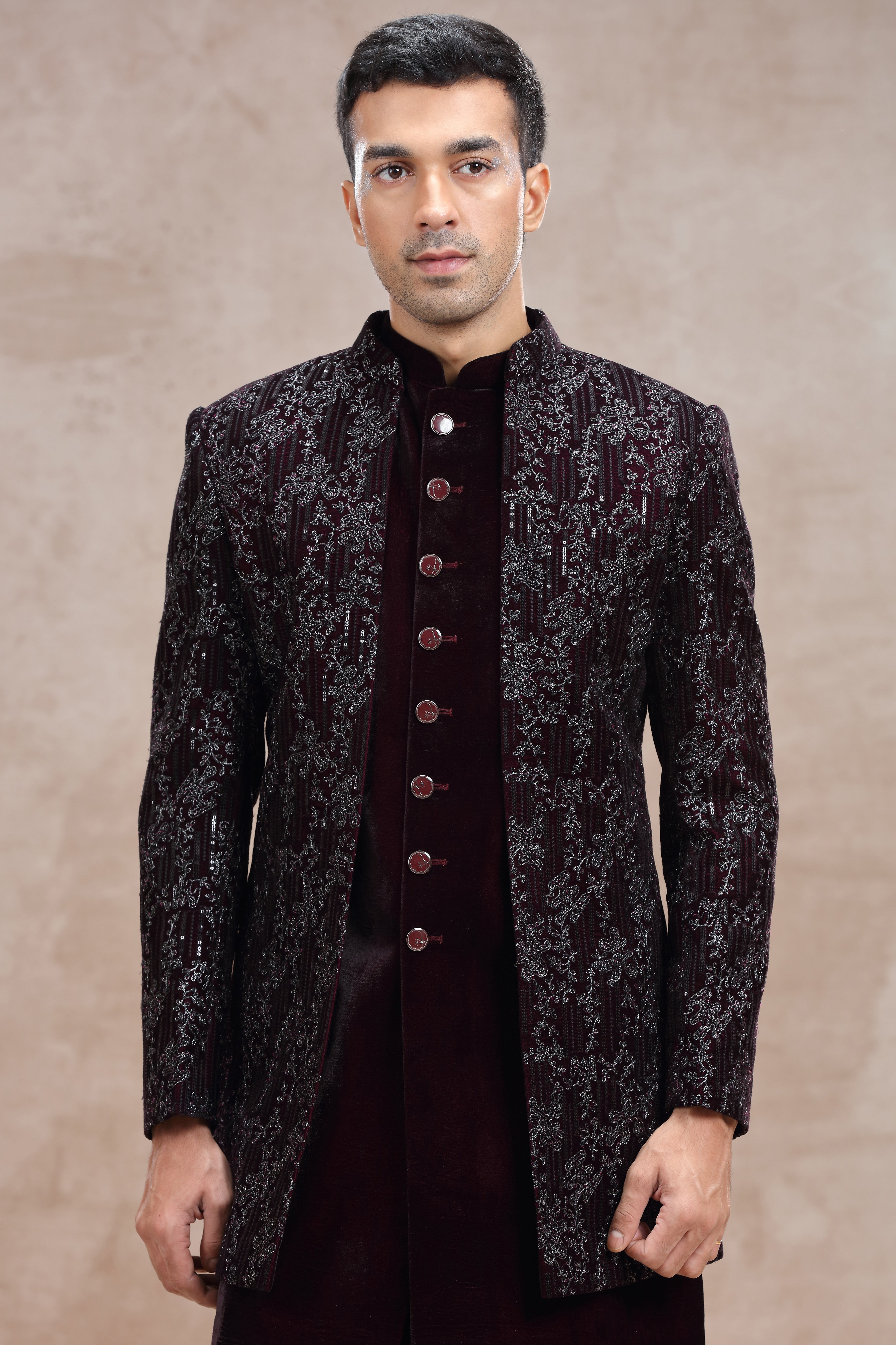 Maroon Velvet Indo Western with Metallic Wirework