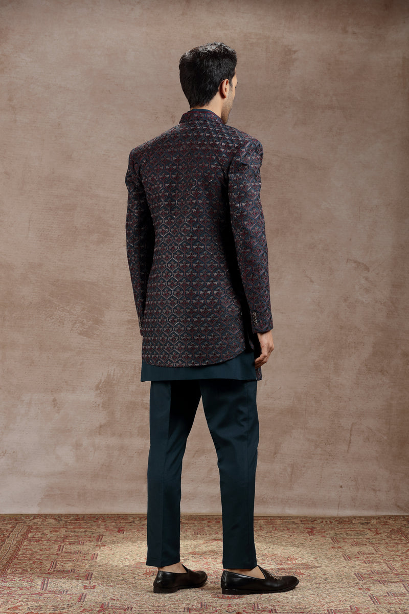 Peacock Green Silk Indowestern With Geometric Motifs