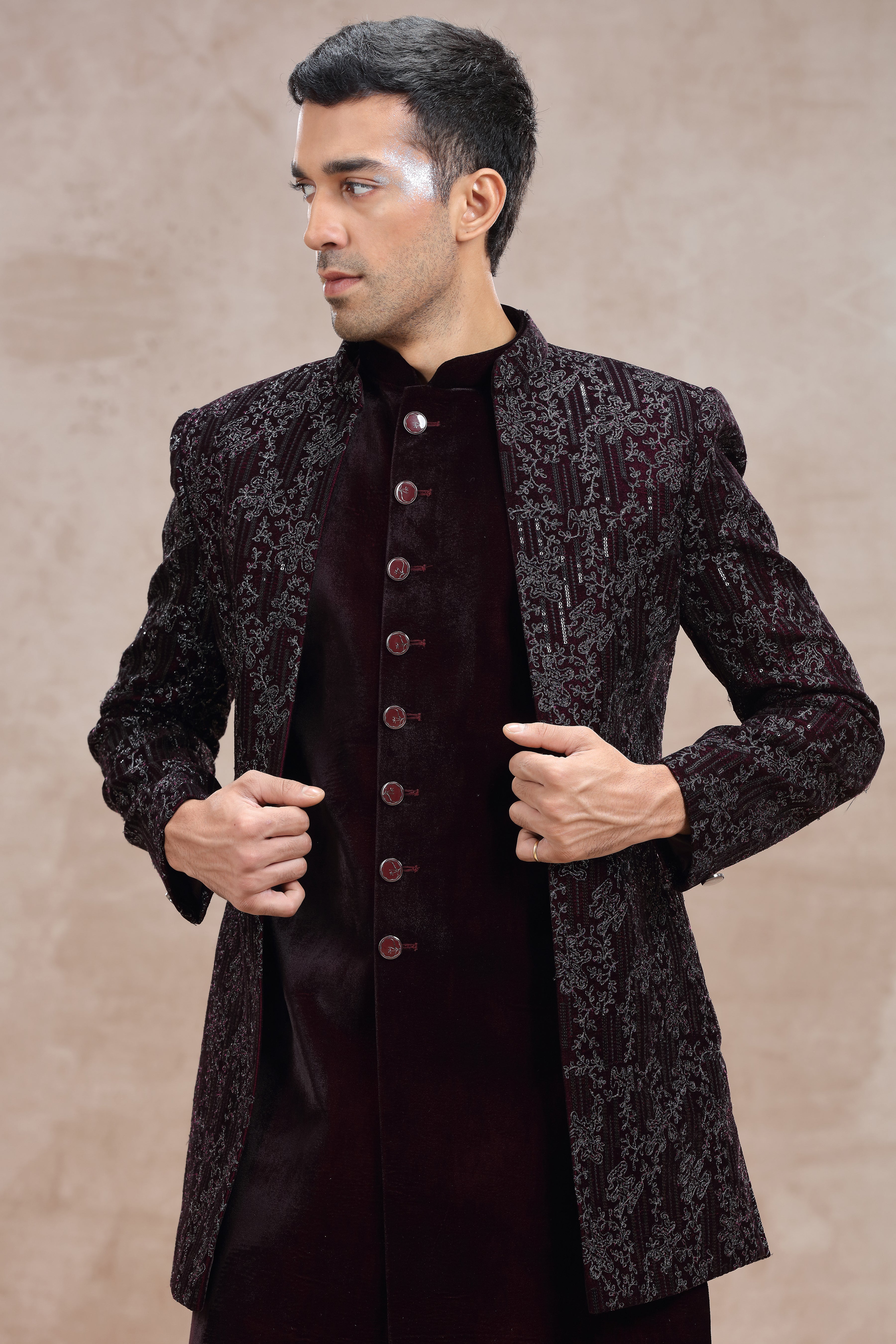 Maroon Velvet Indo Western with Metallic Wirework