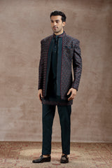 Peacock Green Silk Indowestern With Geometric Motifs