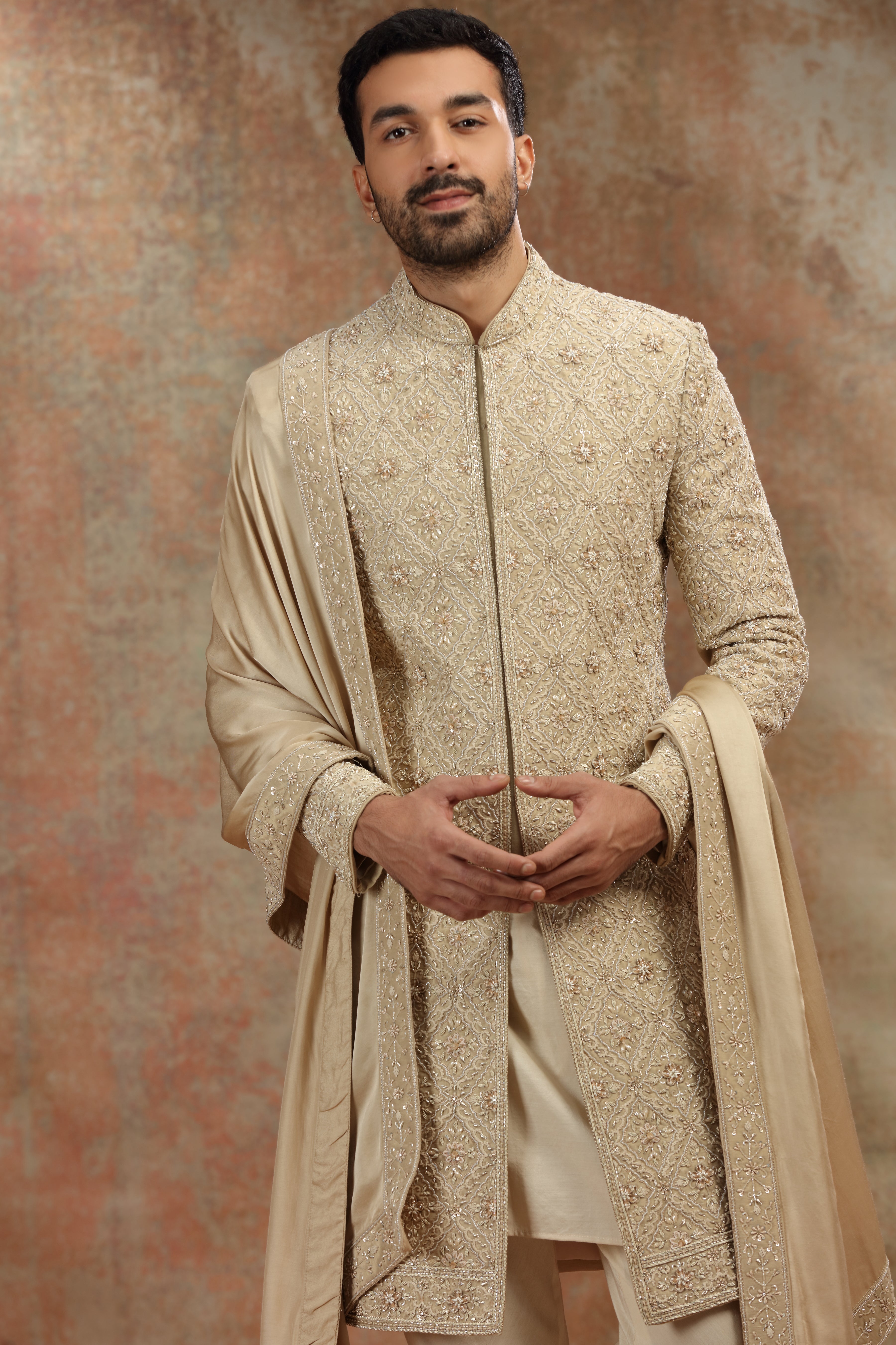 Golden Silk Tissue Sherwani with Zardosi Work