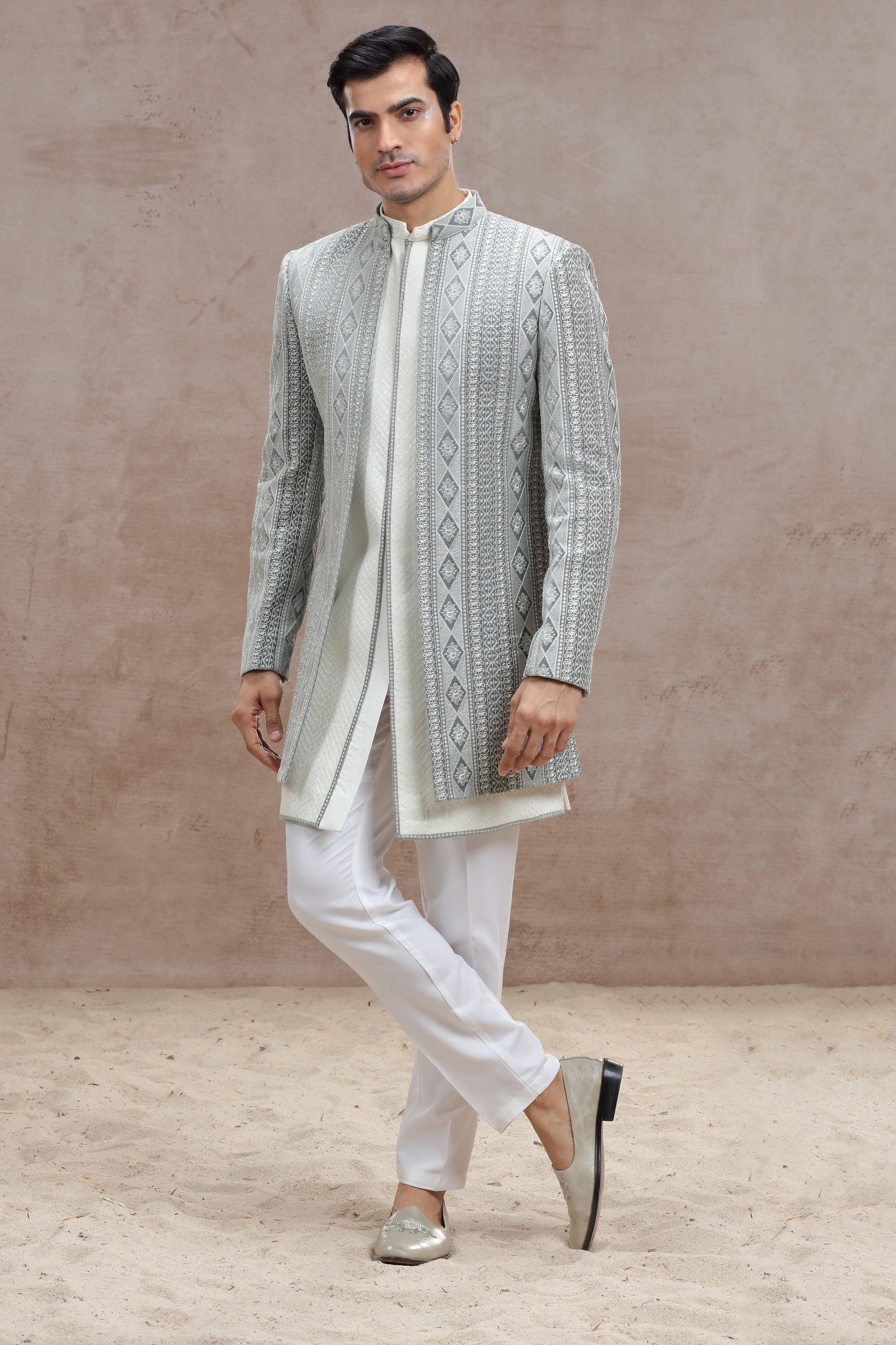 Buy White Grey Indo Western with Exquisite Chickenkari Work
