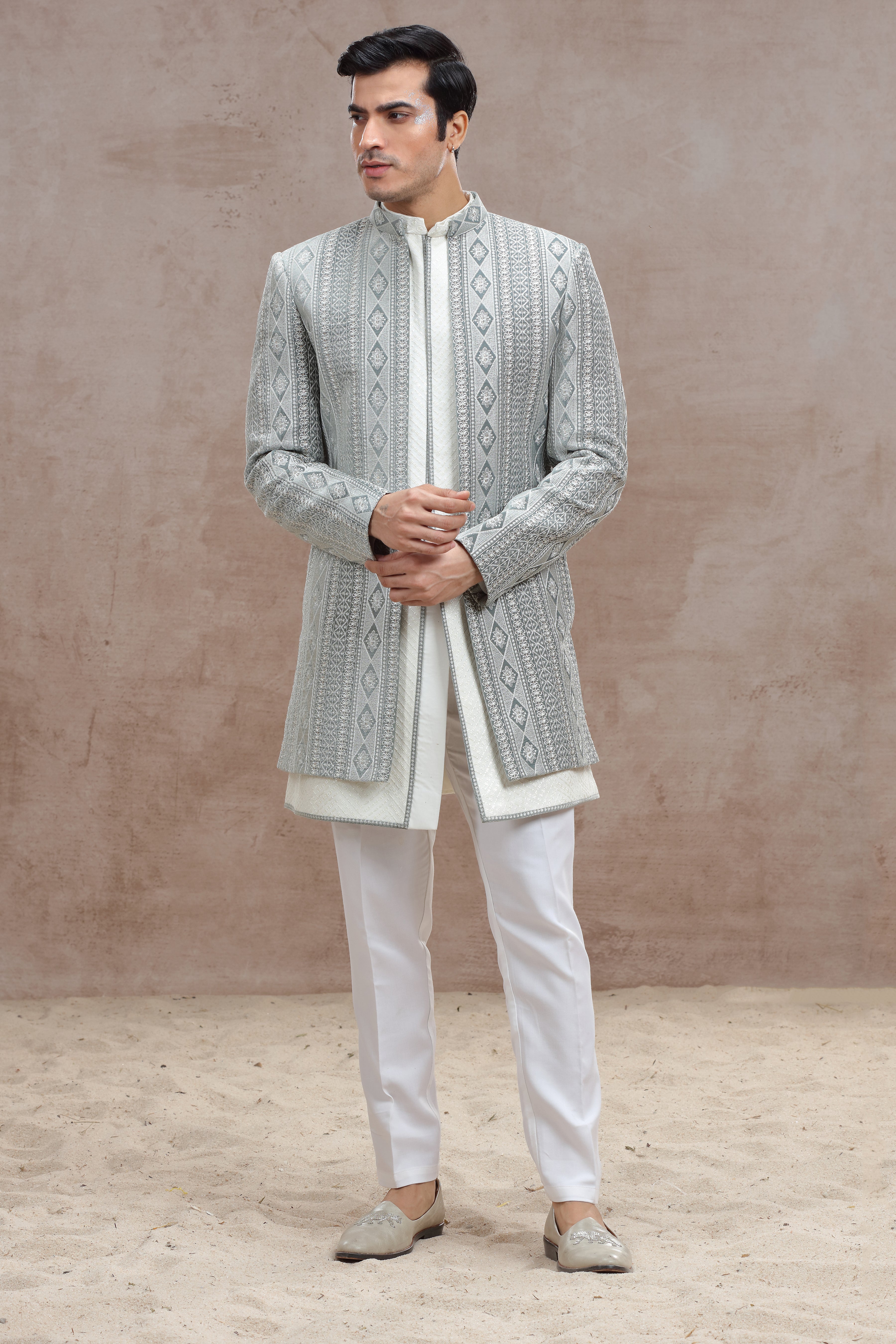 White & Grey Indo Western with Exquisite Chickenkari Work