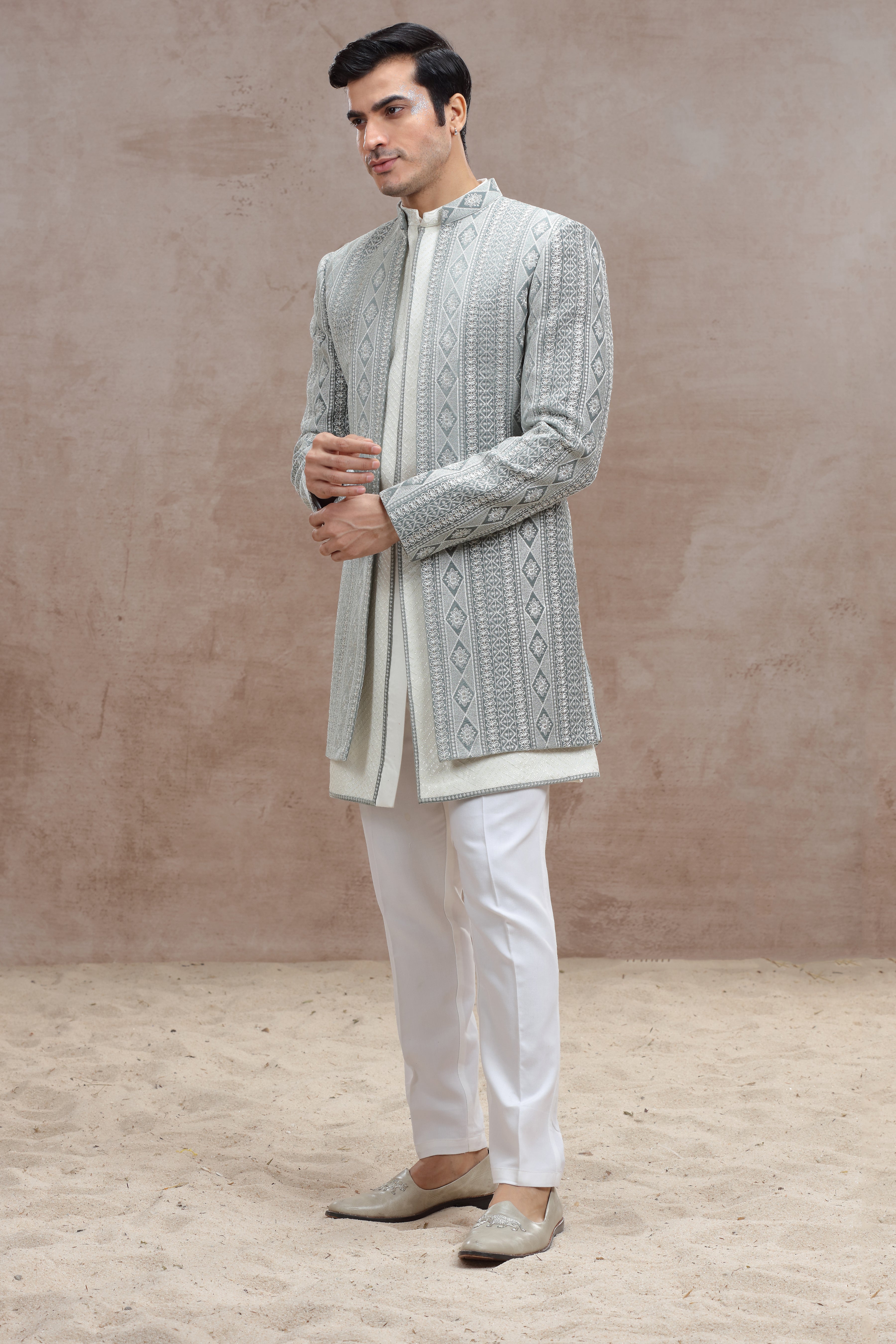 White & Grey Indo Western with Exquisite Chickenkari Work