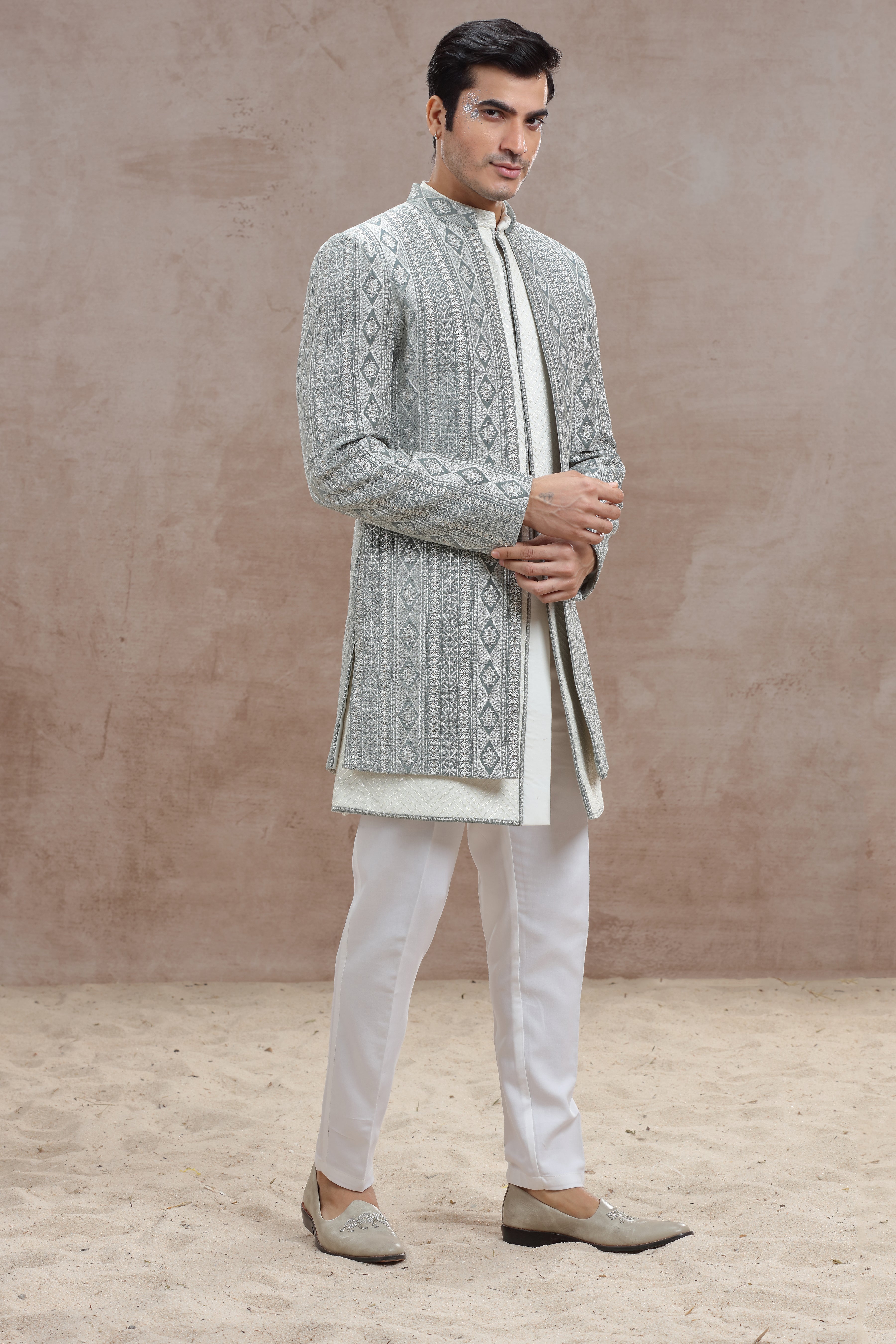 White & Grey Indo Western with Exquisite Chickenkari Work