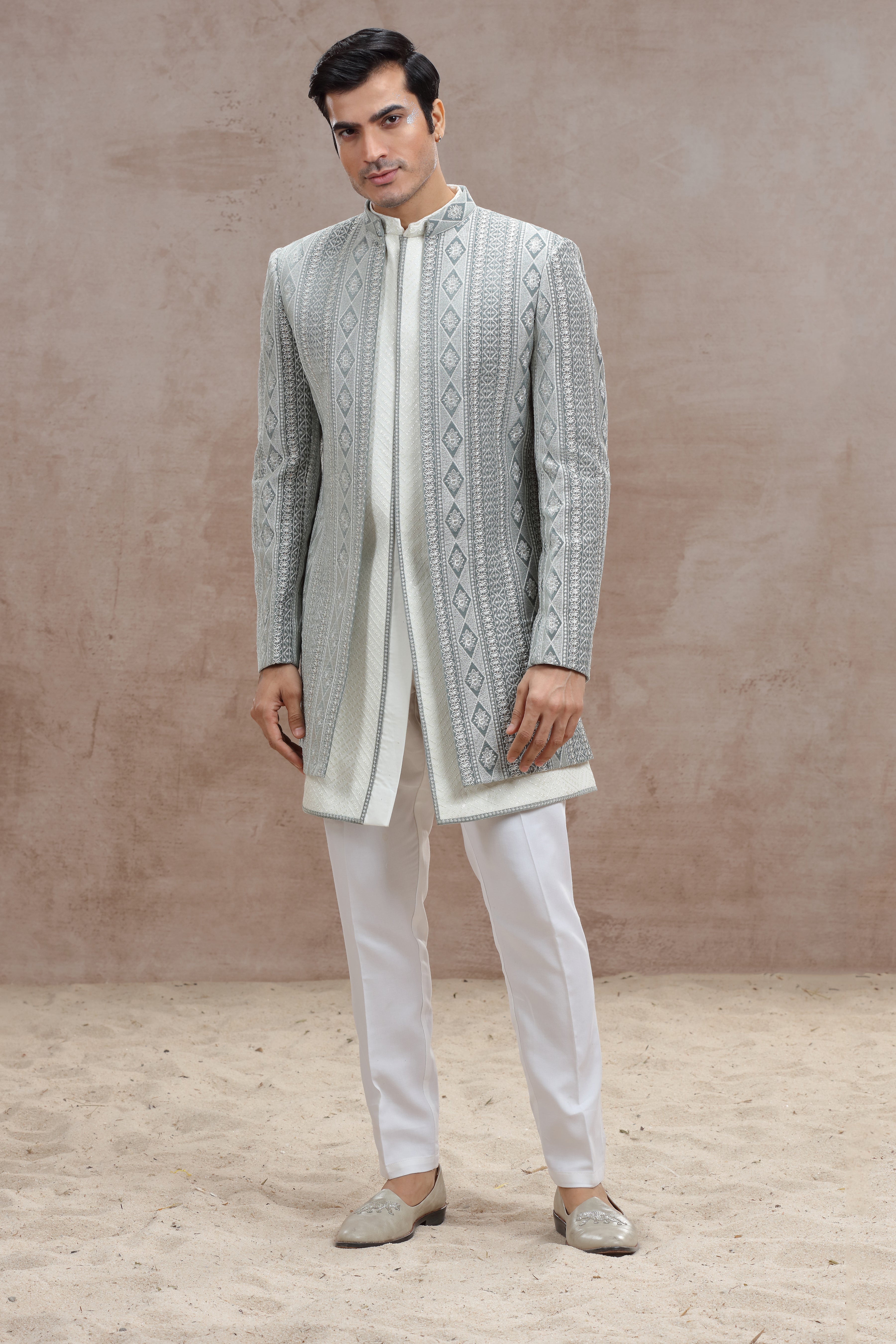 White & Grey Indo Western with Exquisite Chickenkari Work