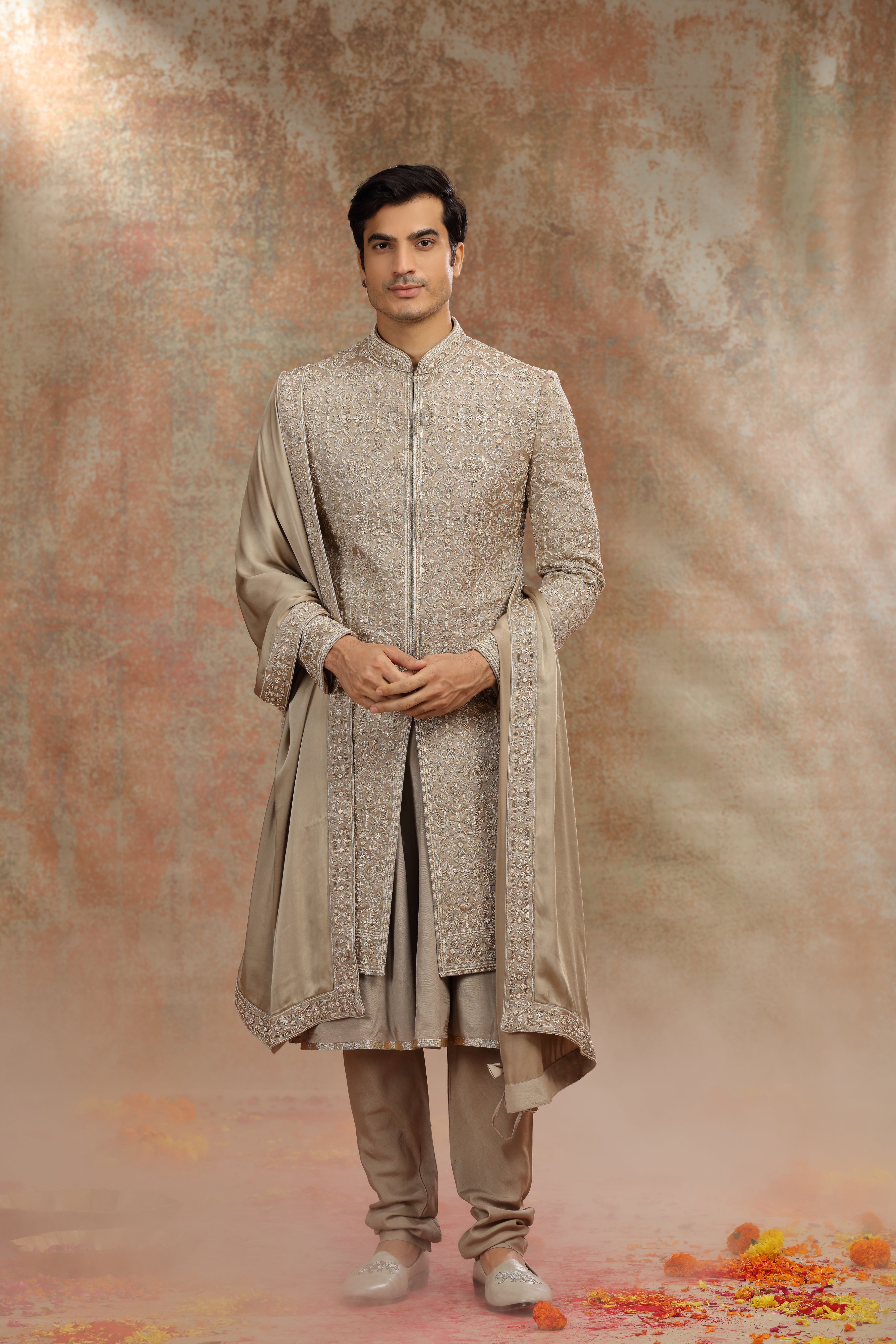 Golden Silk Tissue Sherwani with Resham Work