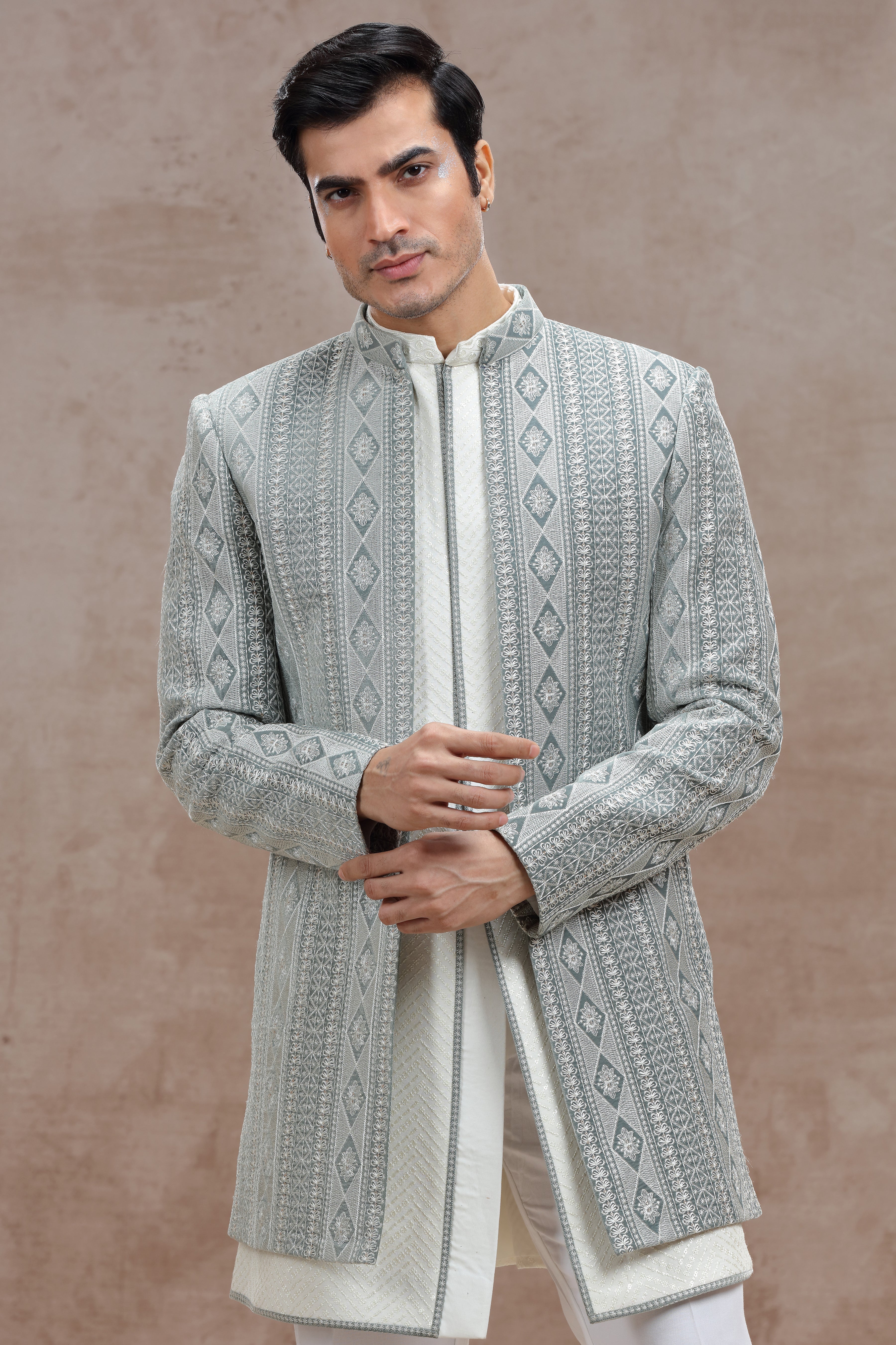 White & Grey Indo Western with Exquisite Chickenkari Work