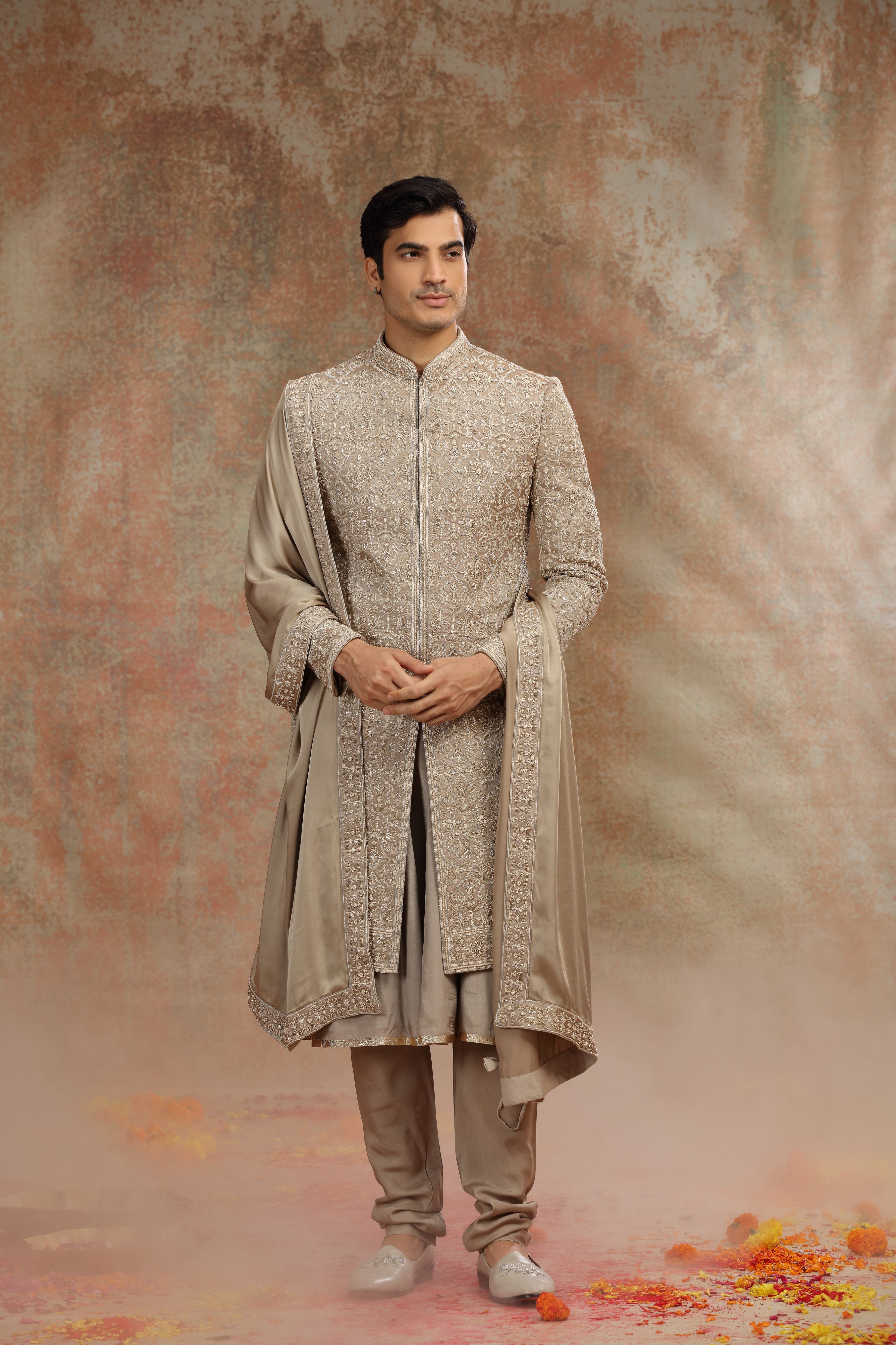 Golden Silk Tissue Sherwani with Resham Work