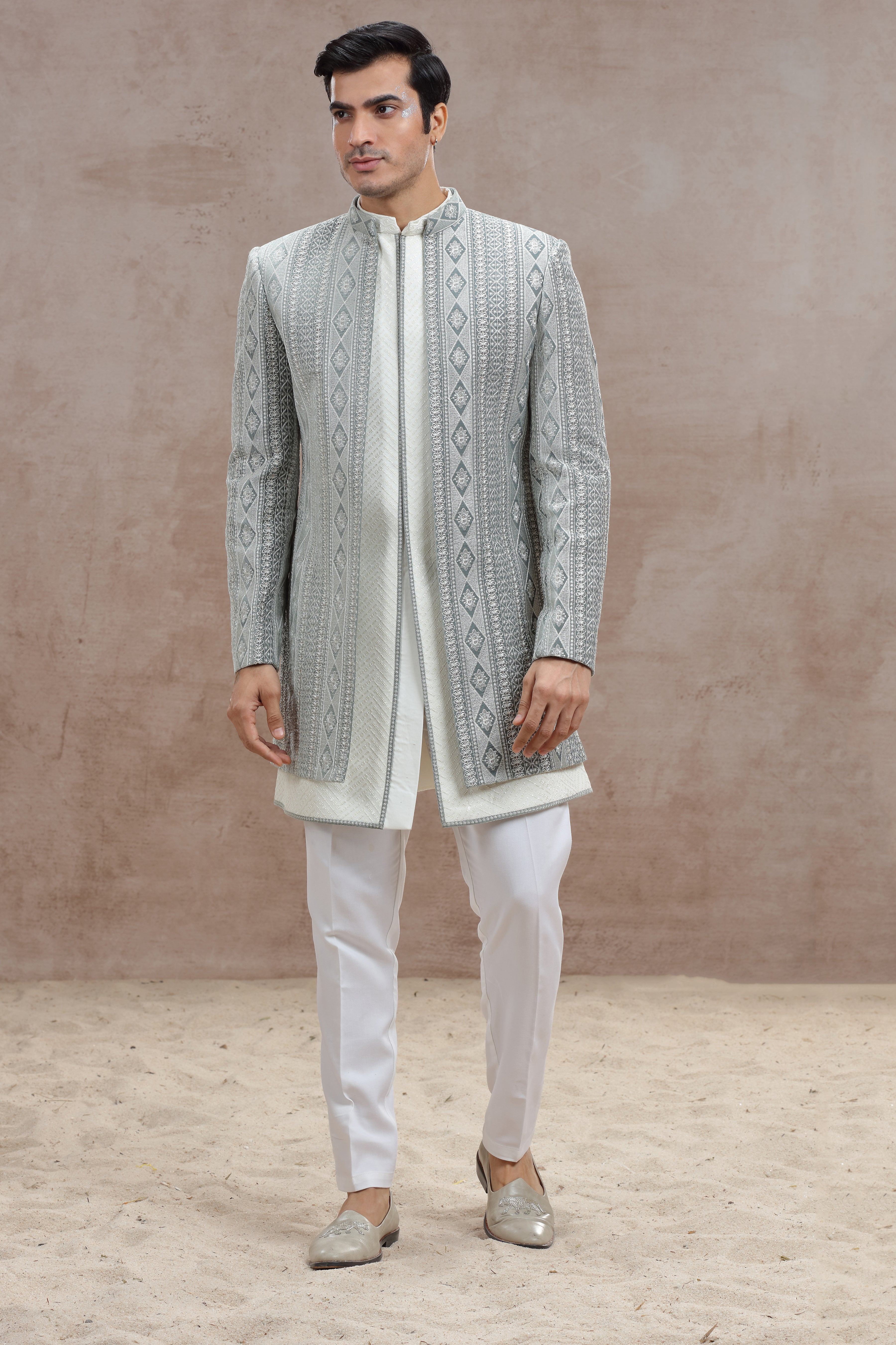 White & Grey Indo Western with Exquisite Chickenkari Work