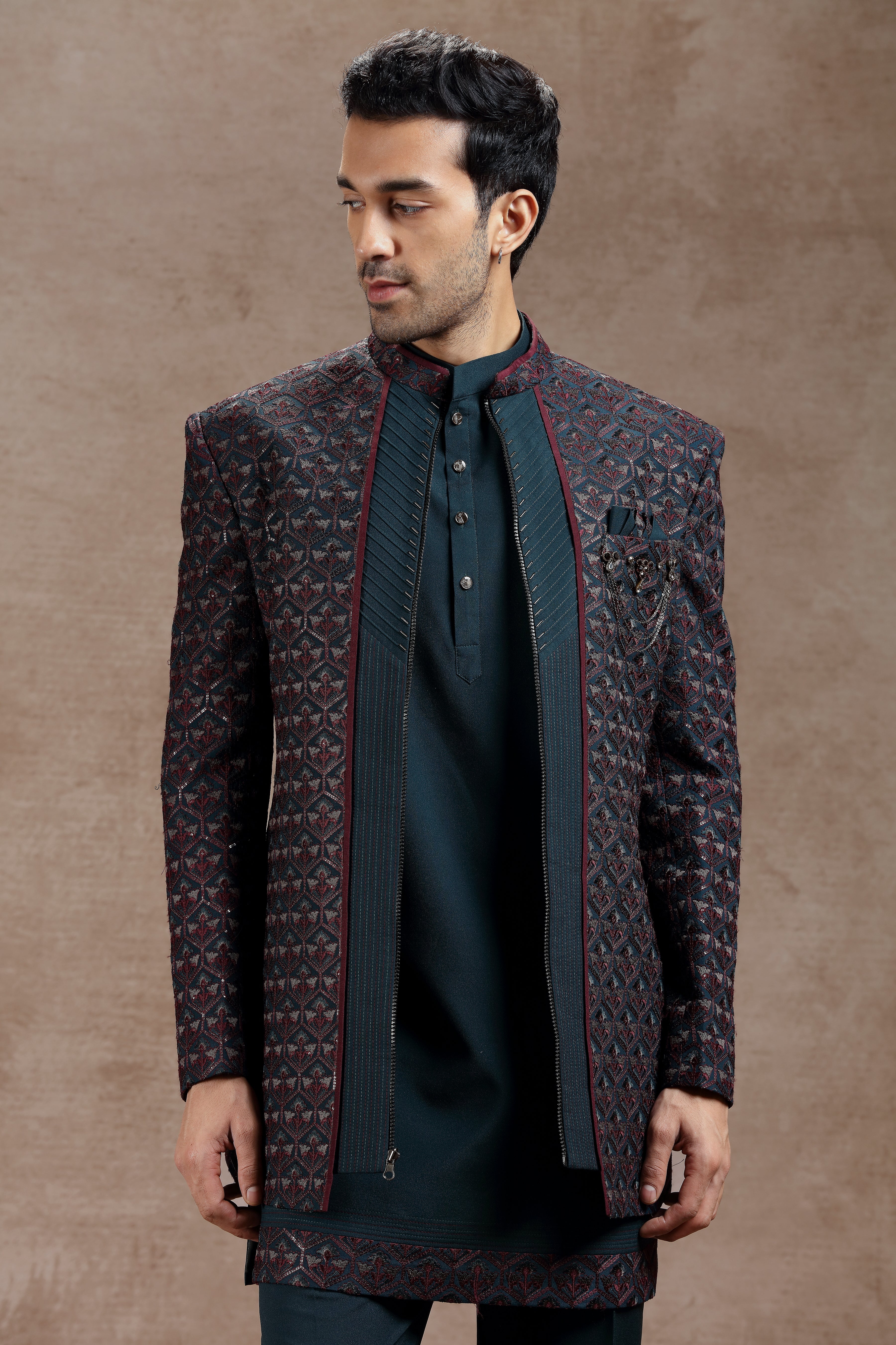 Peacock Green Silk Indowestern With Geometric Motifs - Shreeman