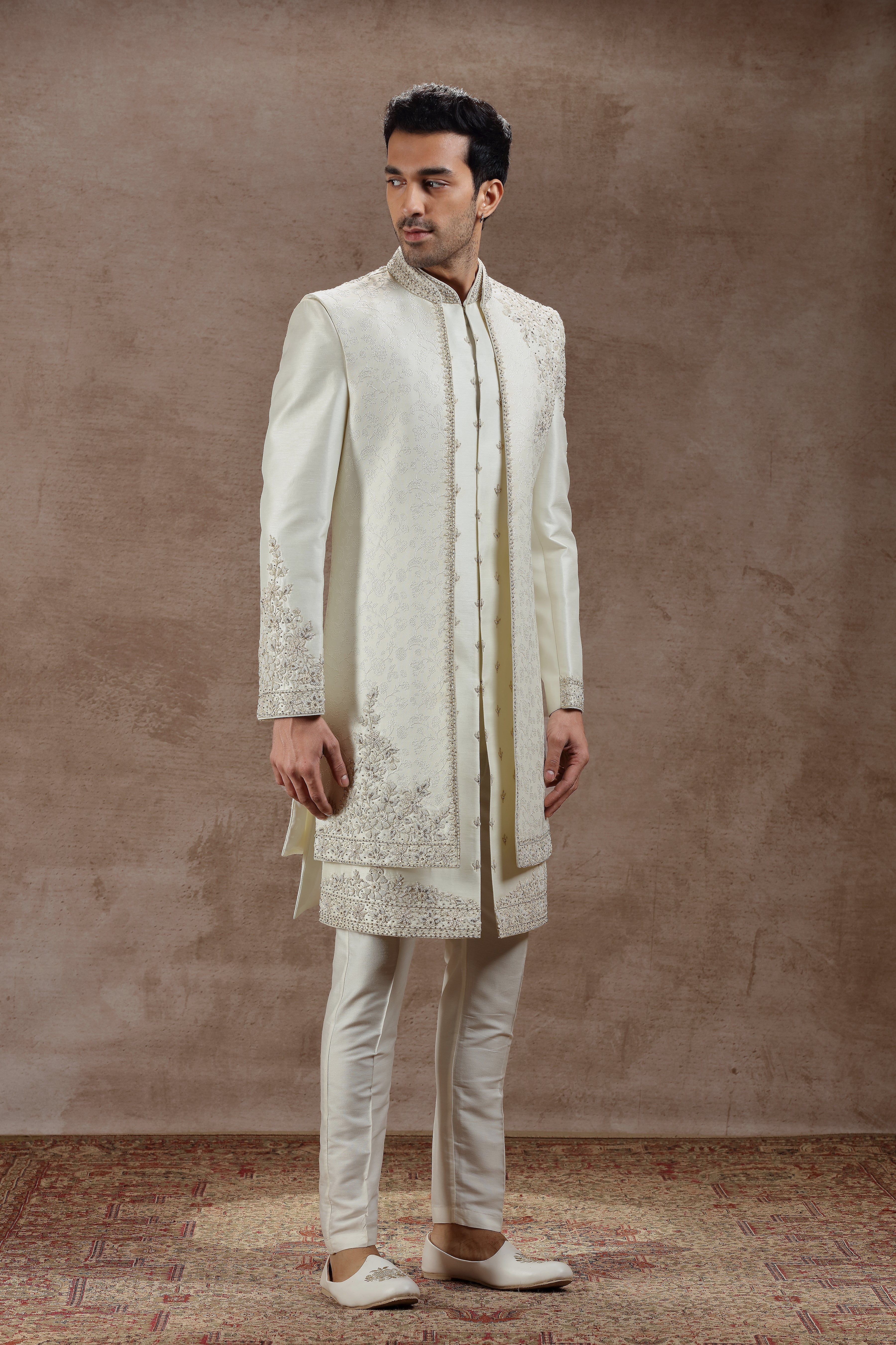 Ivory Silk Indowestern Set With Floral Embroidery - Shreeman