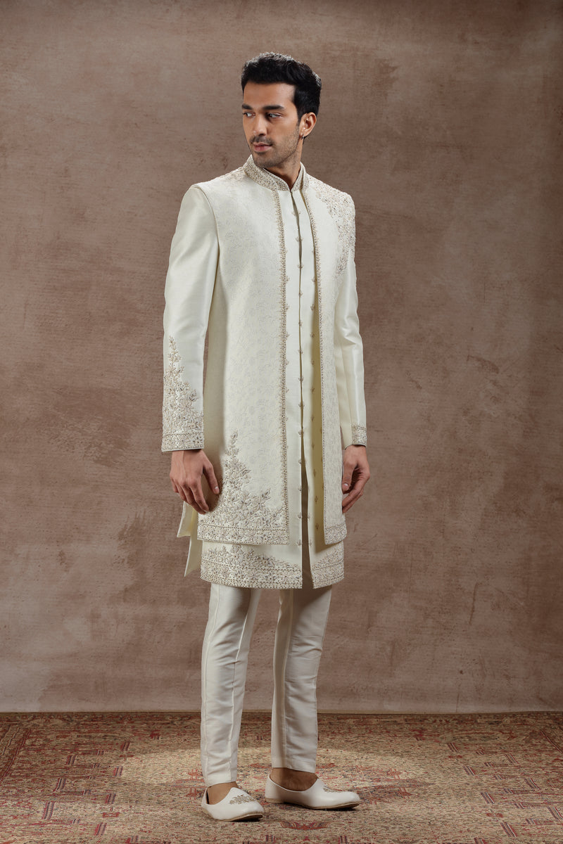 Ivory Silk Indowestern Set With Floral Embroidery