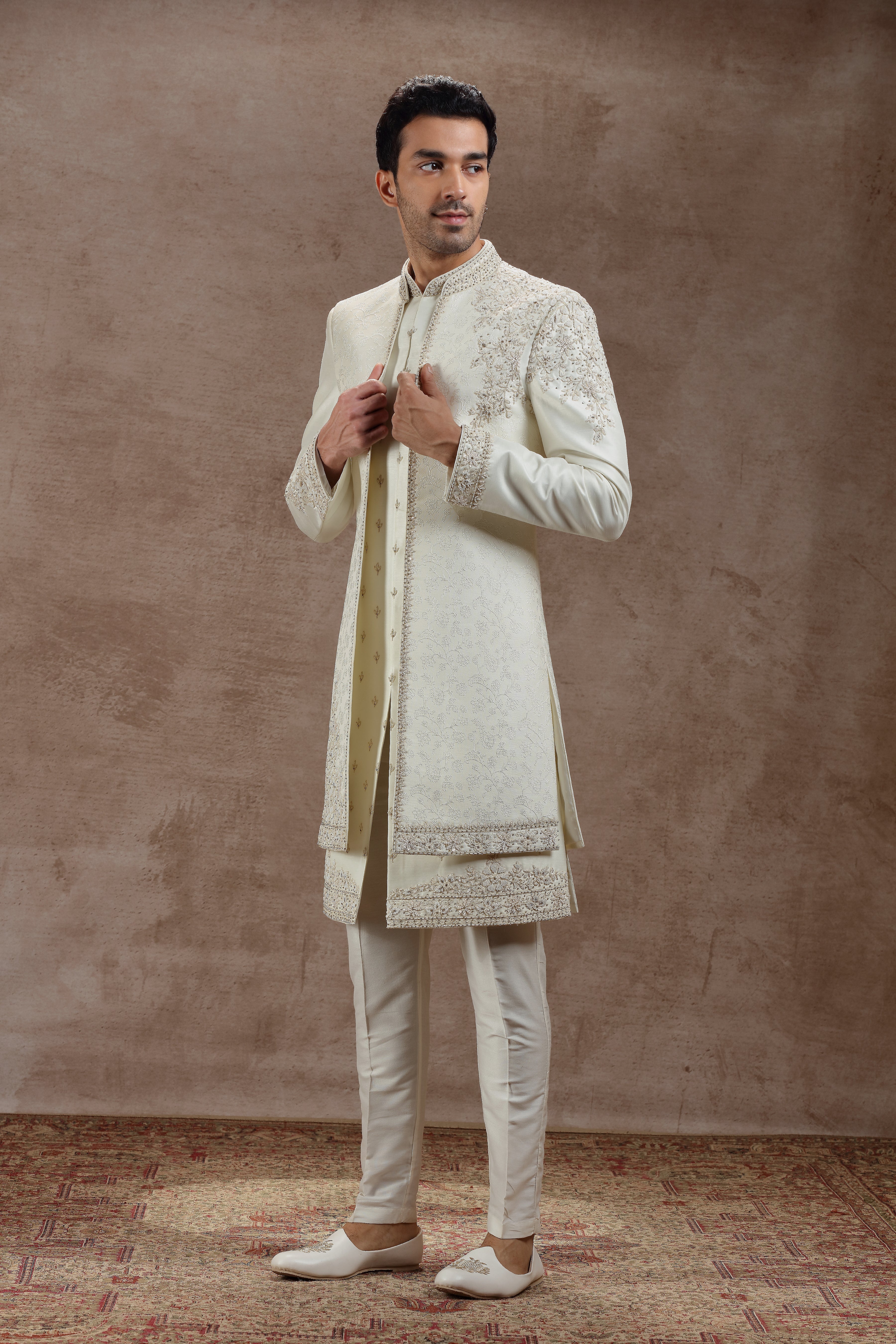 Ivory Silk Indowestern Set With Floral Embroidery - Shreeman