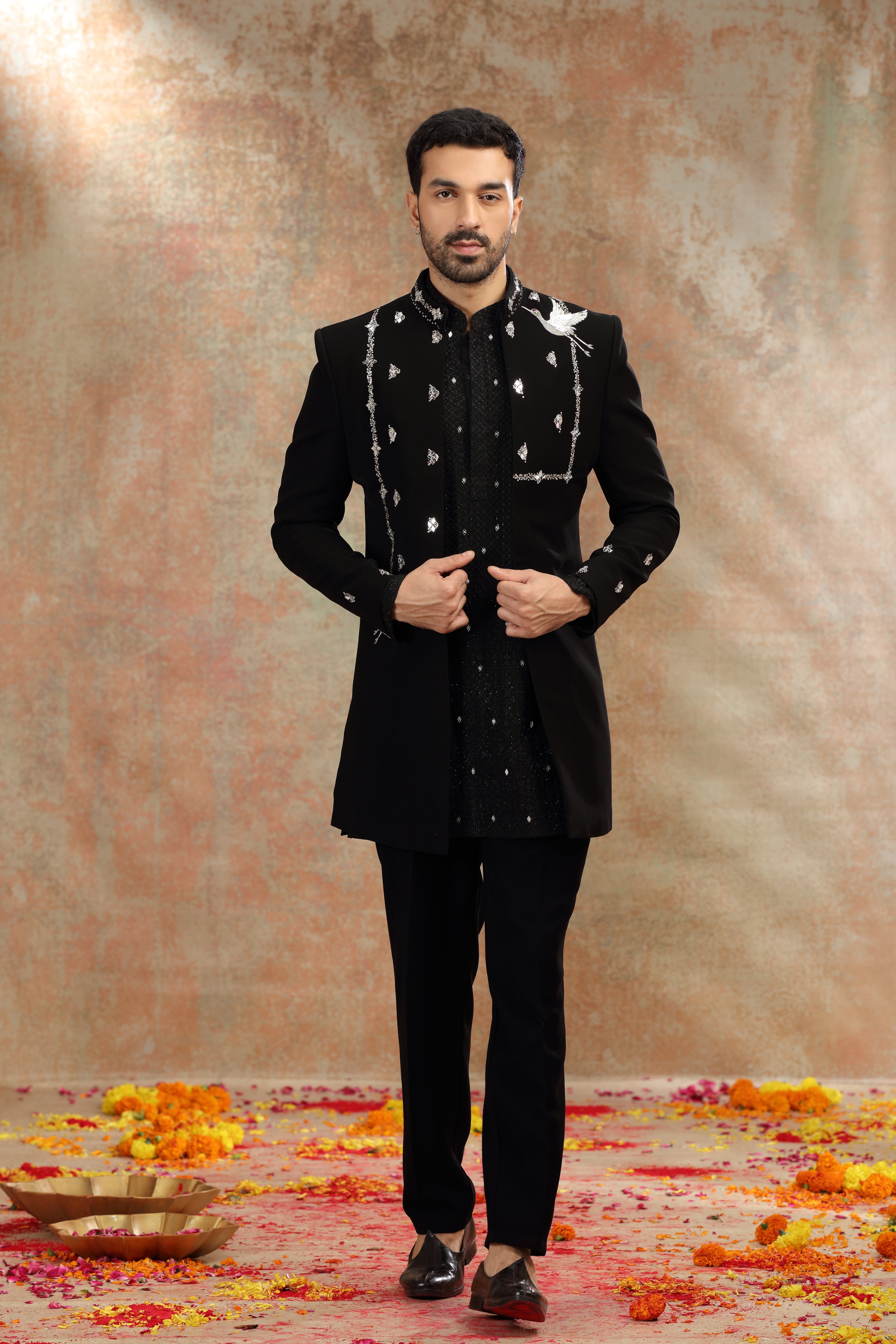 Black Suiting Indo Western with Mirror, Sequins Work