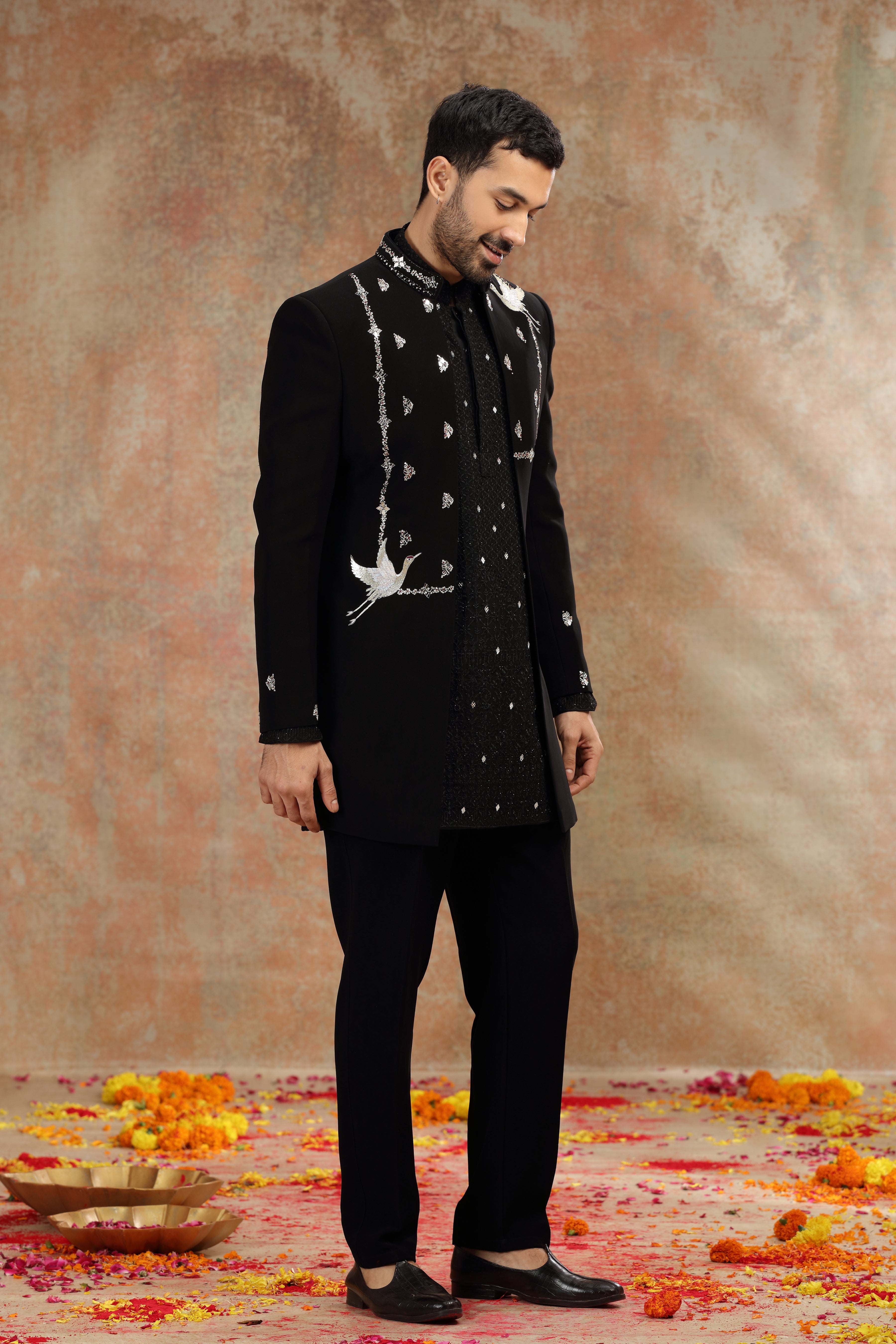 Black Suiting Indo Western with Mirror, Sequins Work