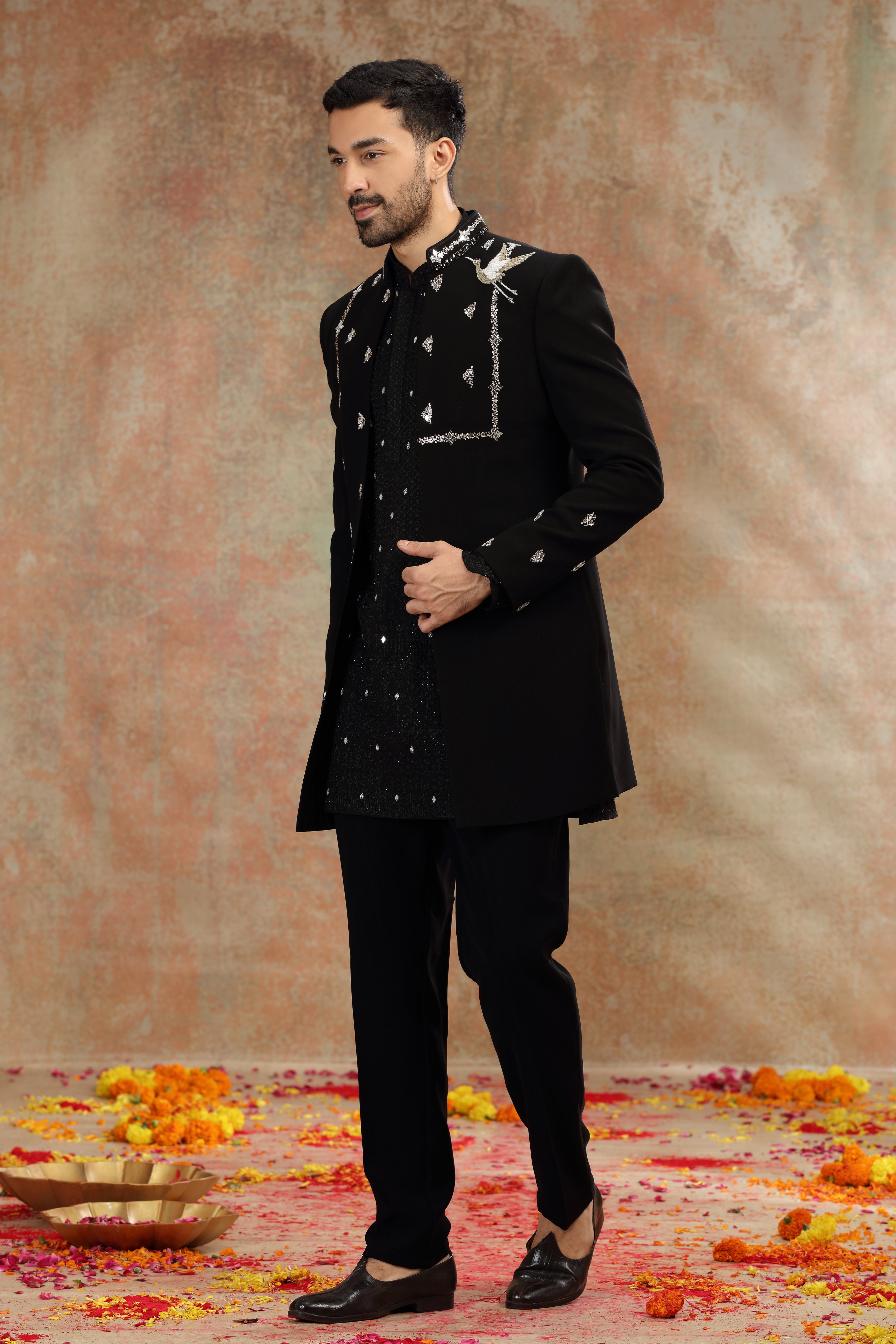 Black Suiting Indo Western with Mirror, Sequins Work