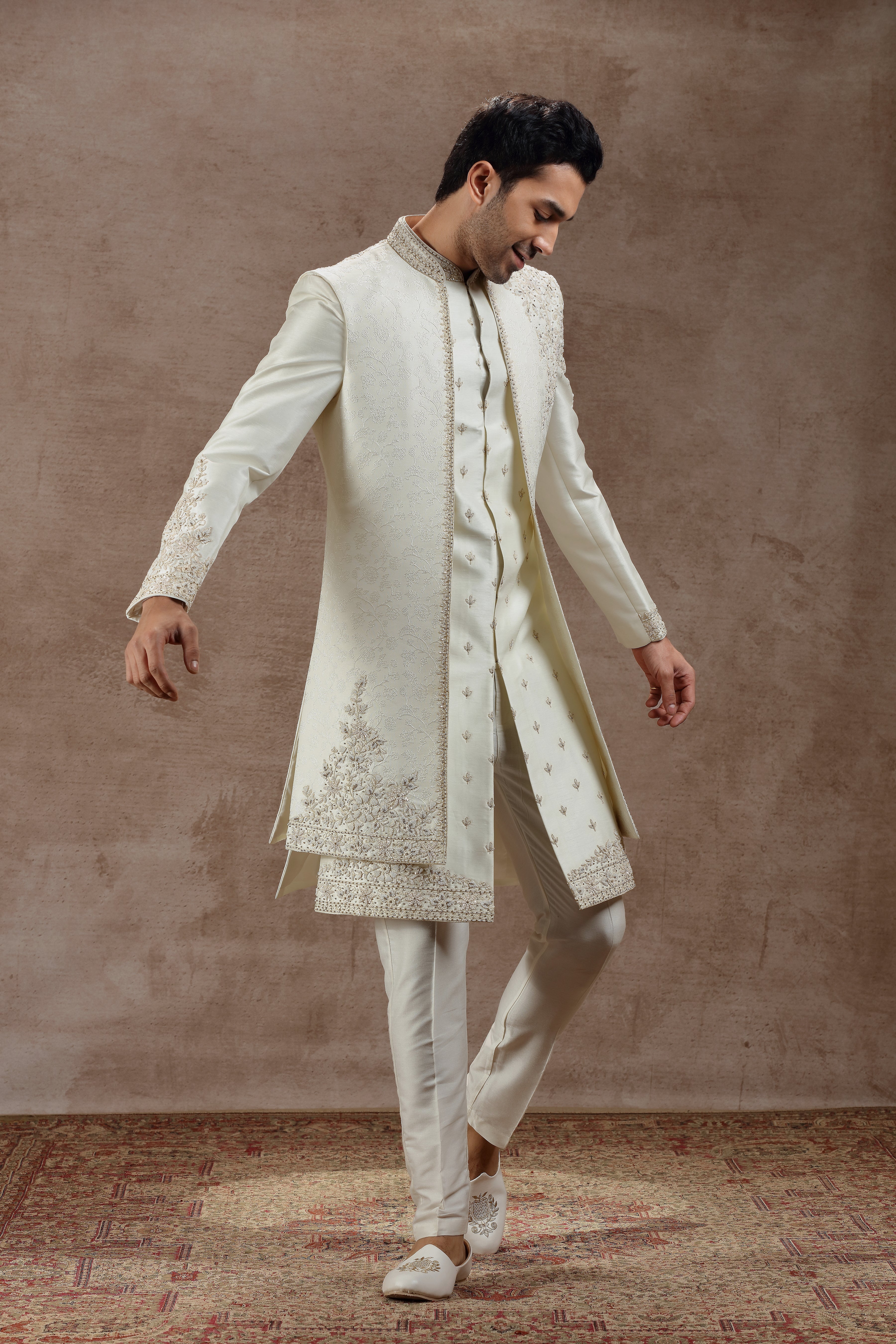 Ivory Silk Indowestern Set With Floral Embroidery - Shreeman