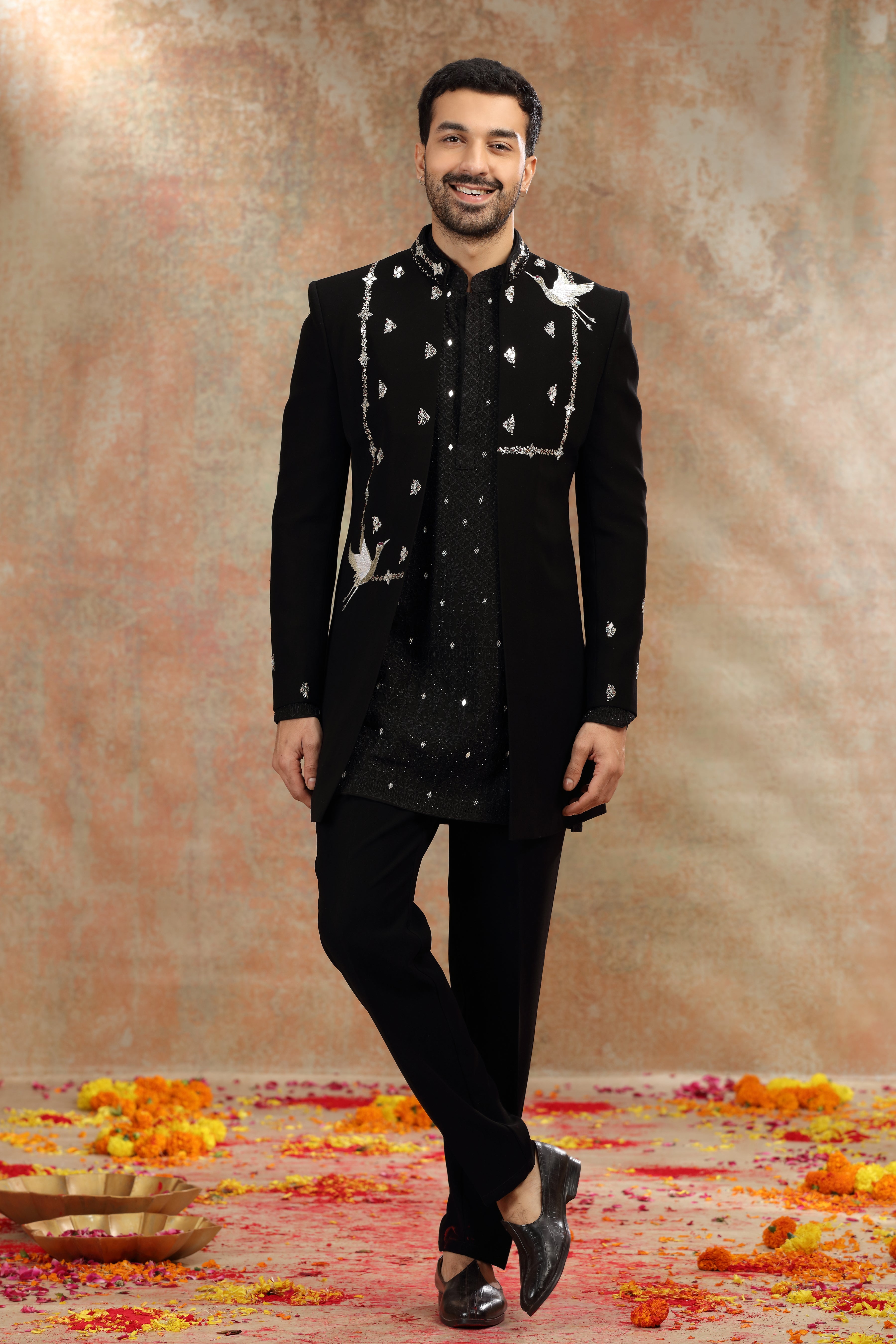 Black Suiting Indo Western with Mirror, Sequins Work