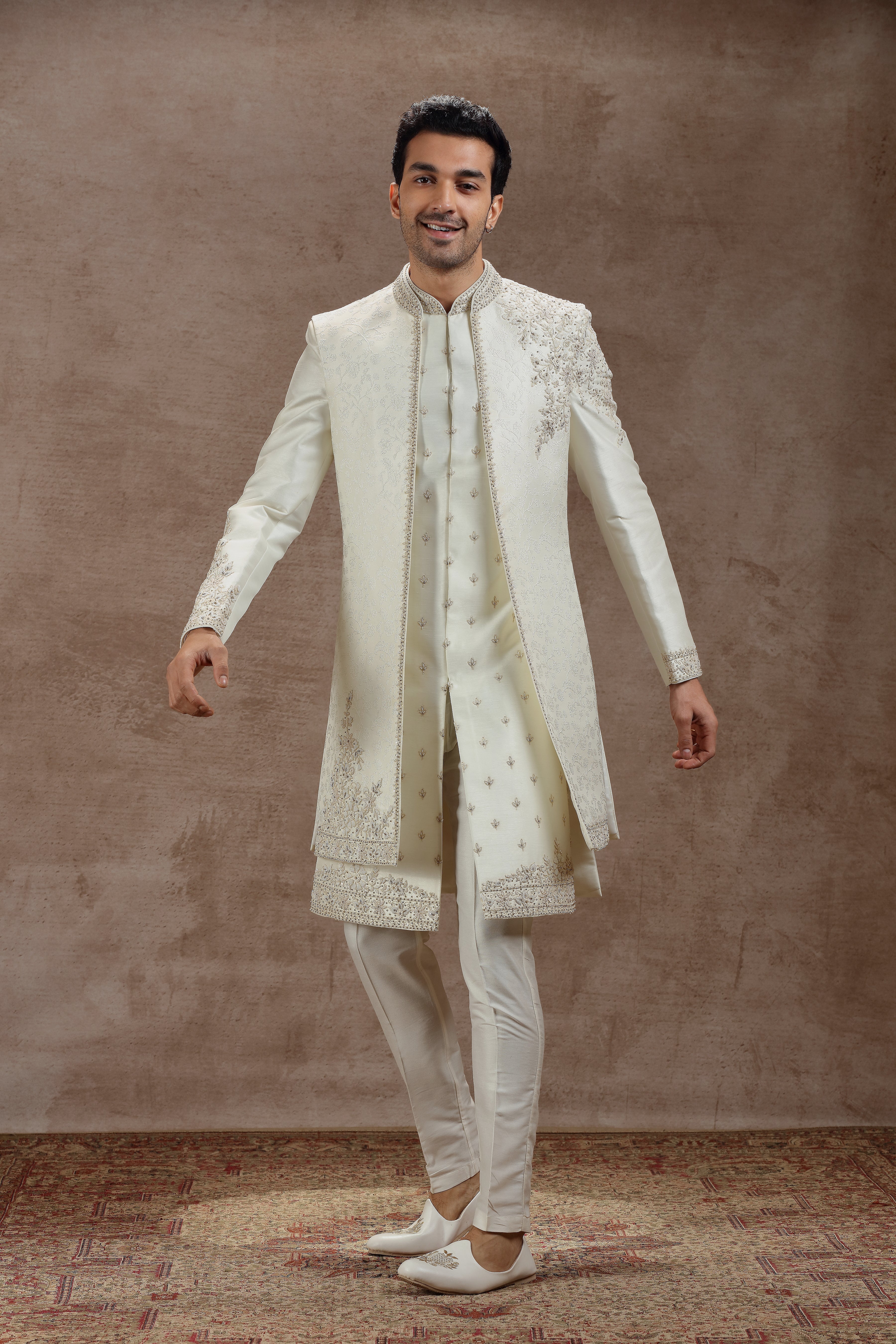 Ivory Silk Indowestern Set With Floral Embroidery - Shreeman