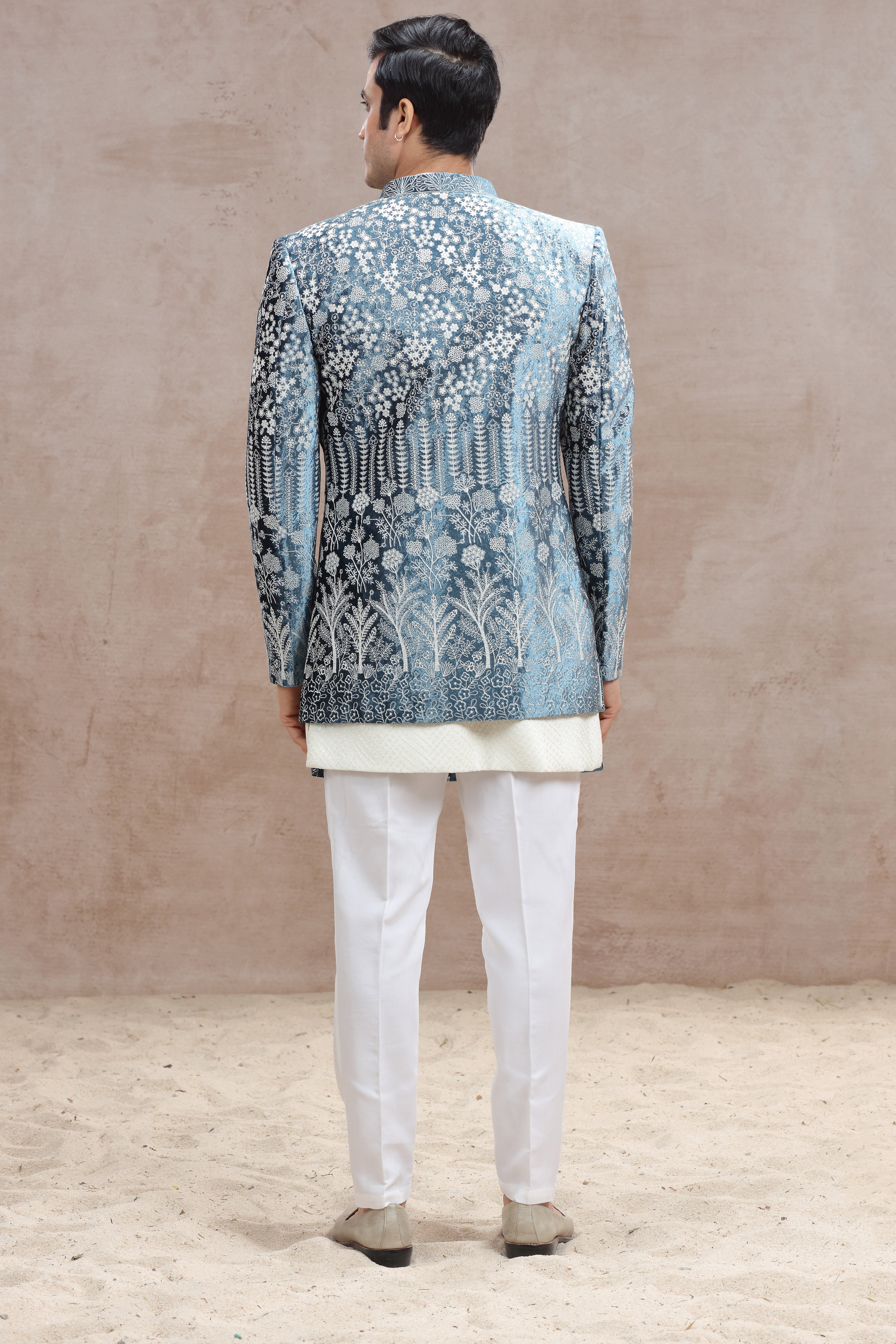 White and Blue Indo Western with Chikankari & Thread Work