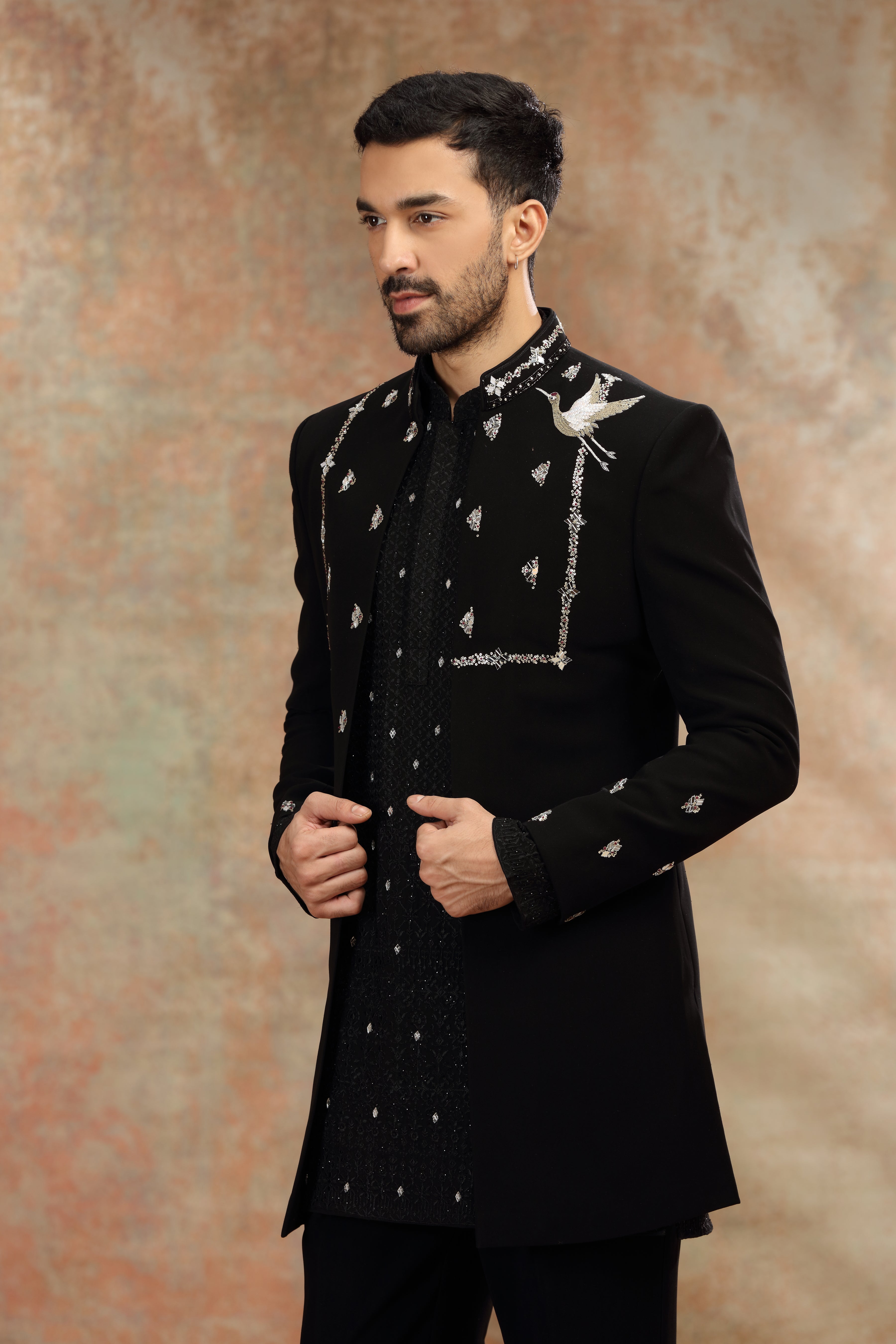 Black Suiting Indo Western with Mirror, Sequins Work