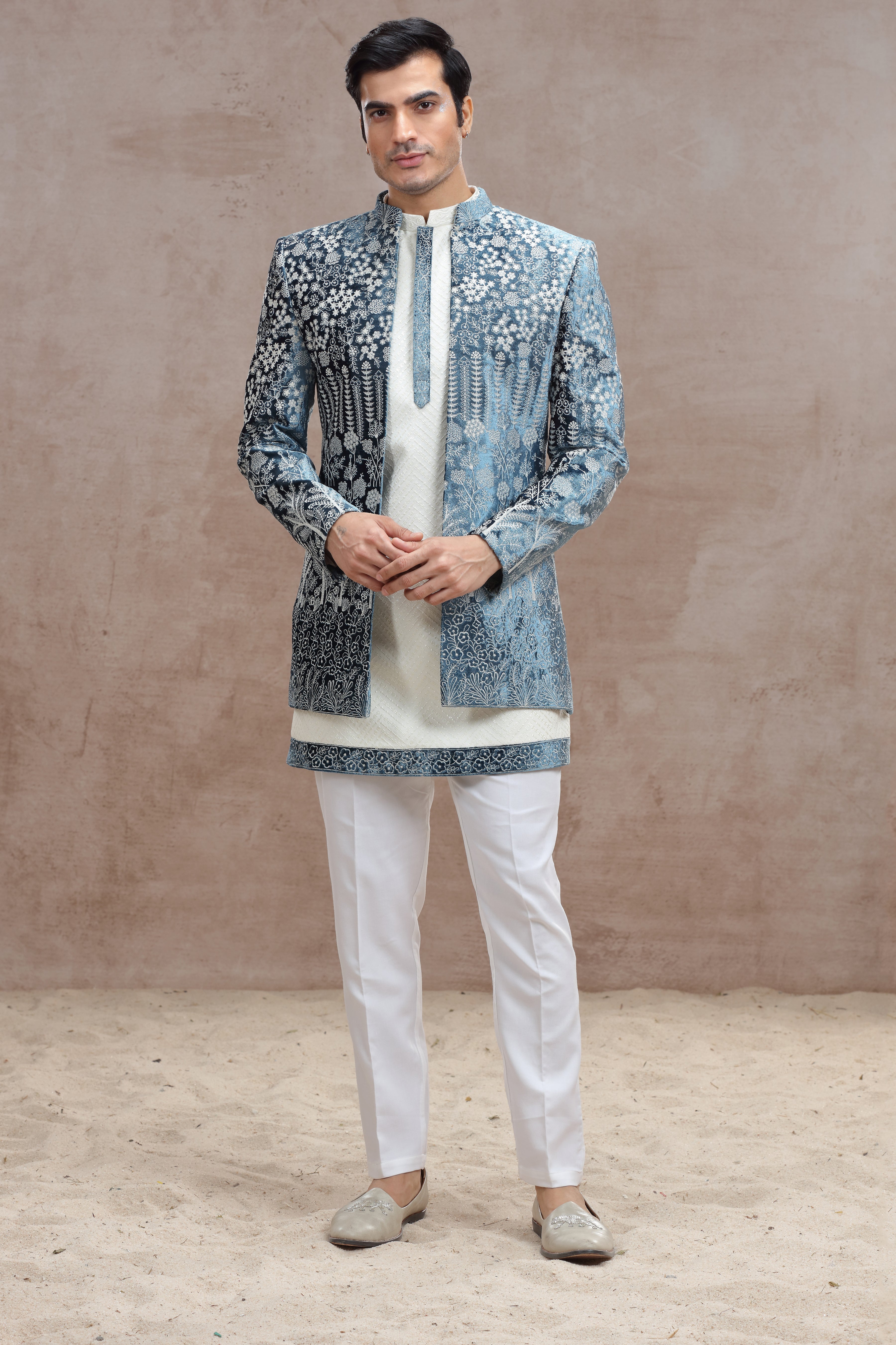 White and Blue Indo Western with Chikankari & Thread Work