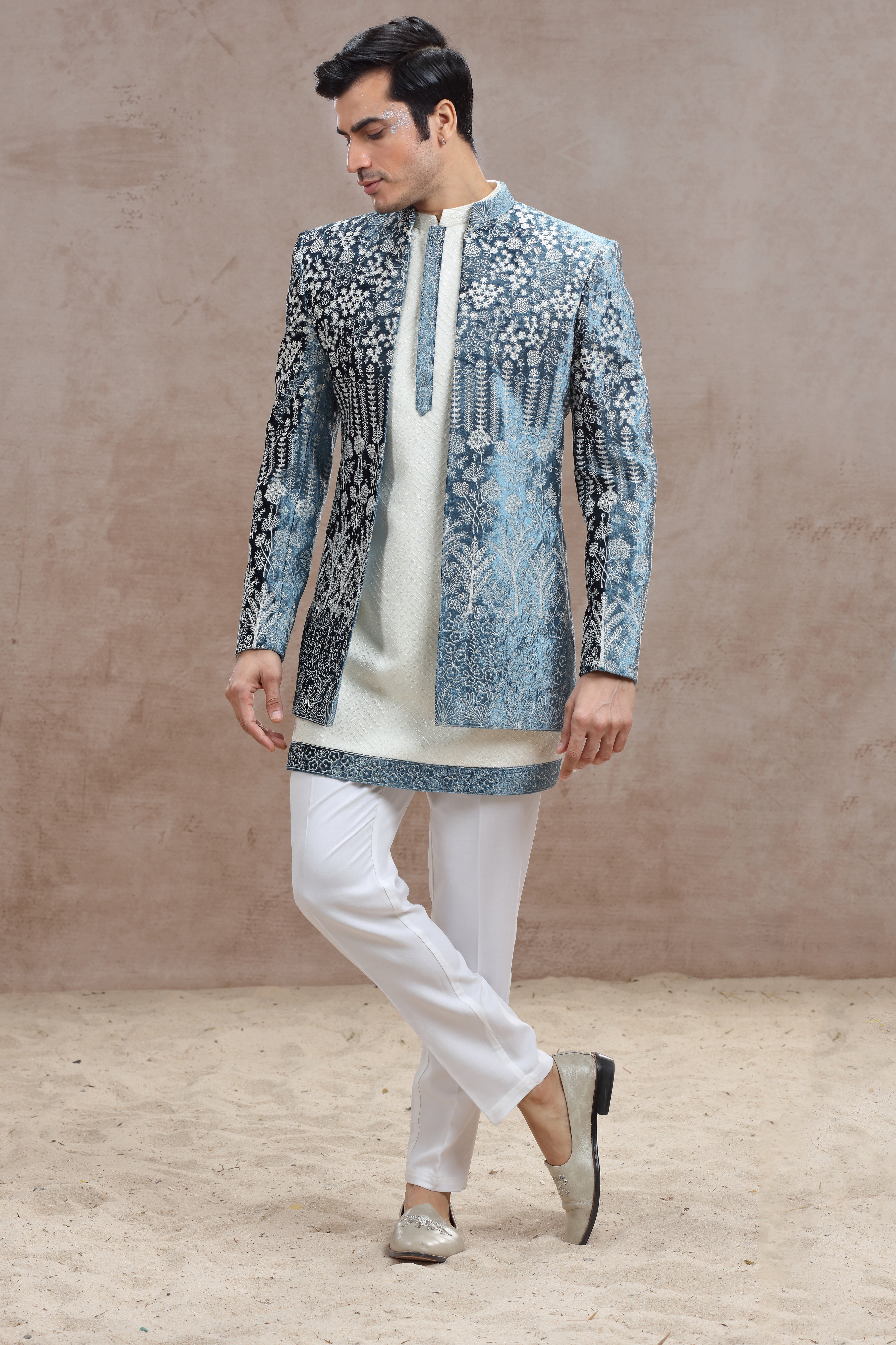 White and Blue Indo Western with Chikankari & Thread Work