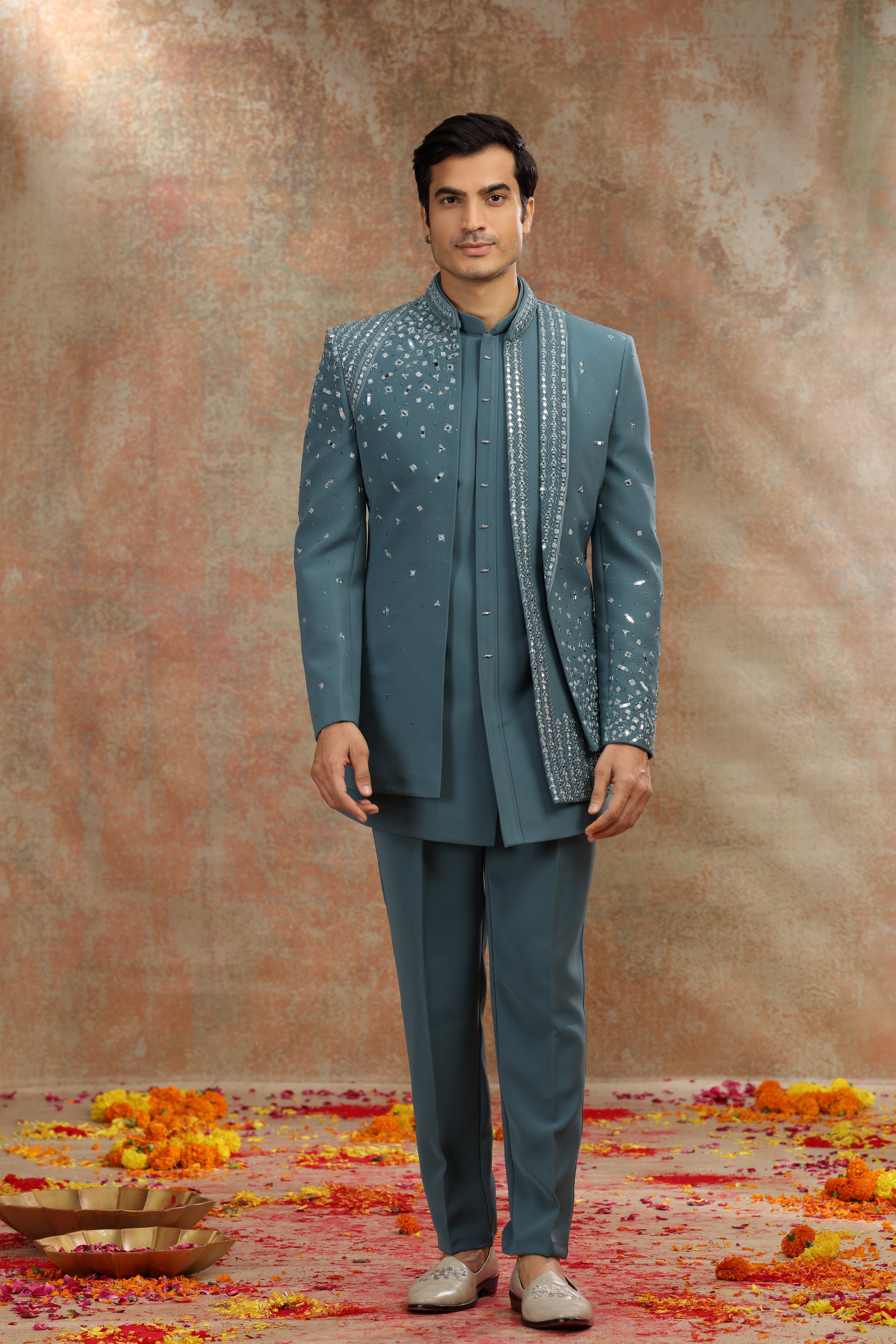 Teal Blue Suiting Indo Set with Mirror Cutdana