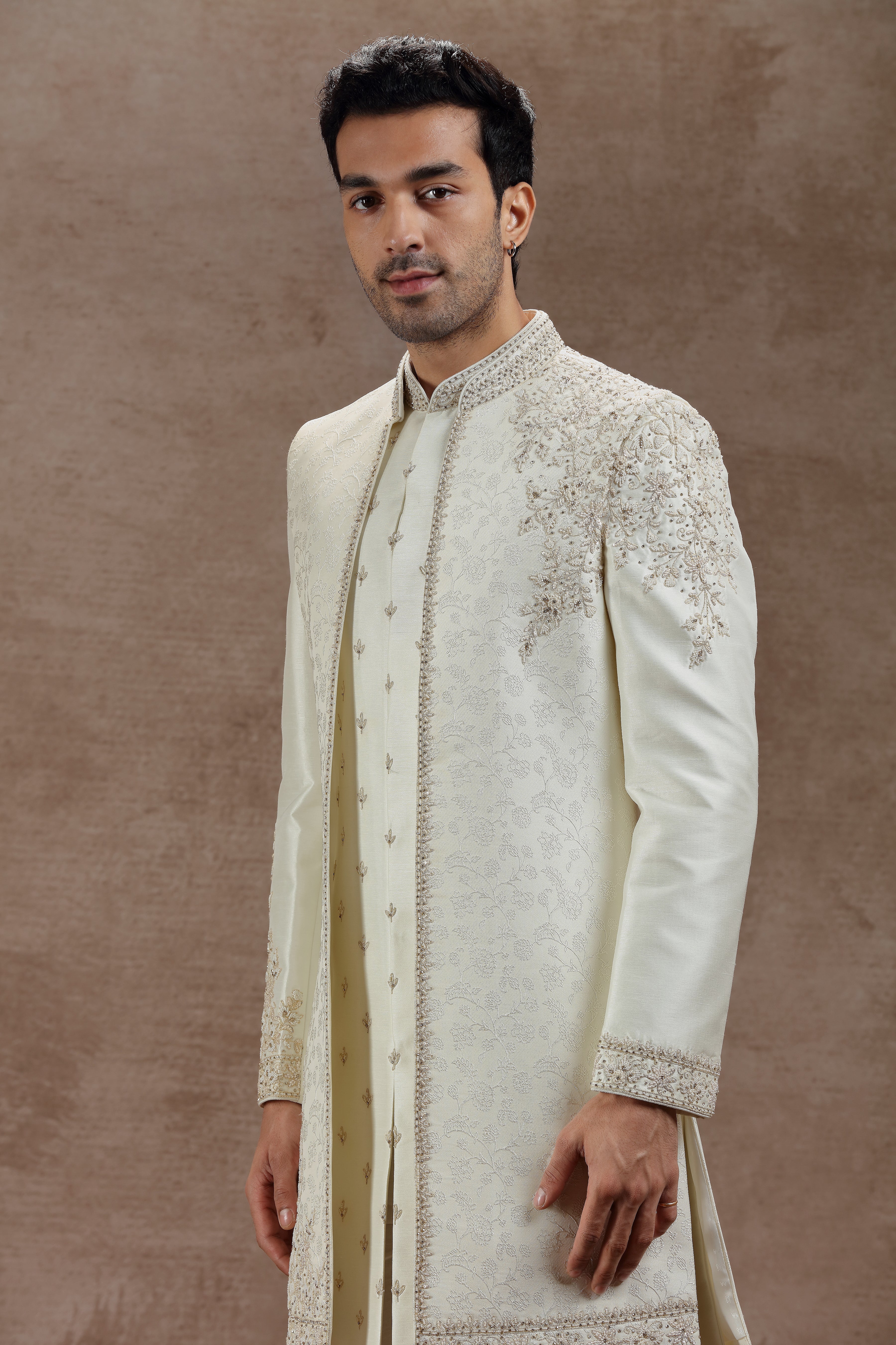 Ivory Silk Indowestern Set With Floral Embroidery - Shreeman