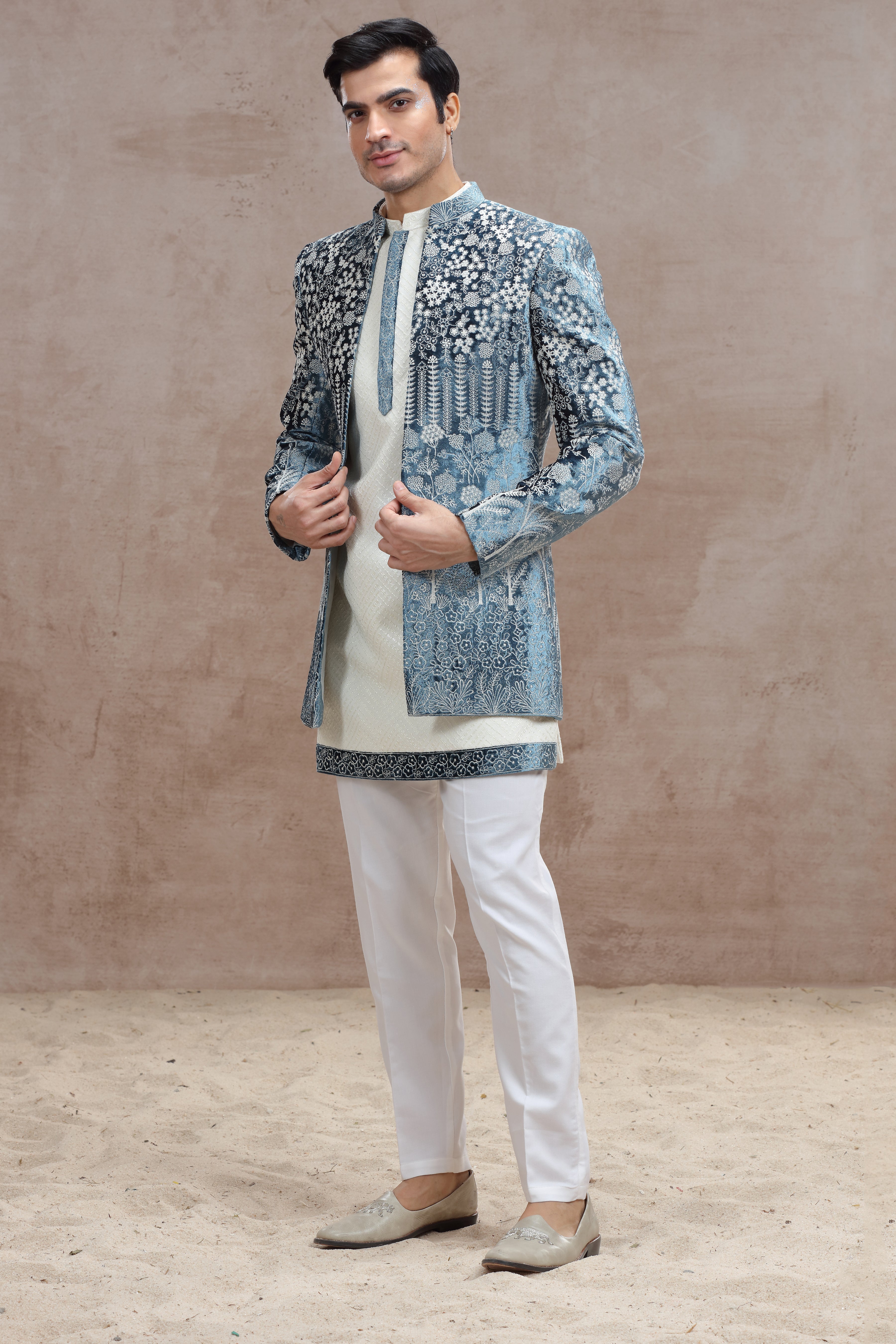 White and Blue Indo Western with Chikankari & Thread Work