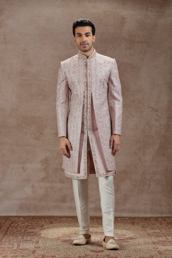 Pastel Pink Silk Sherwani With Geometric Embroidery